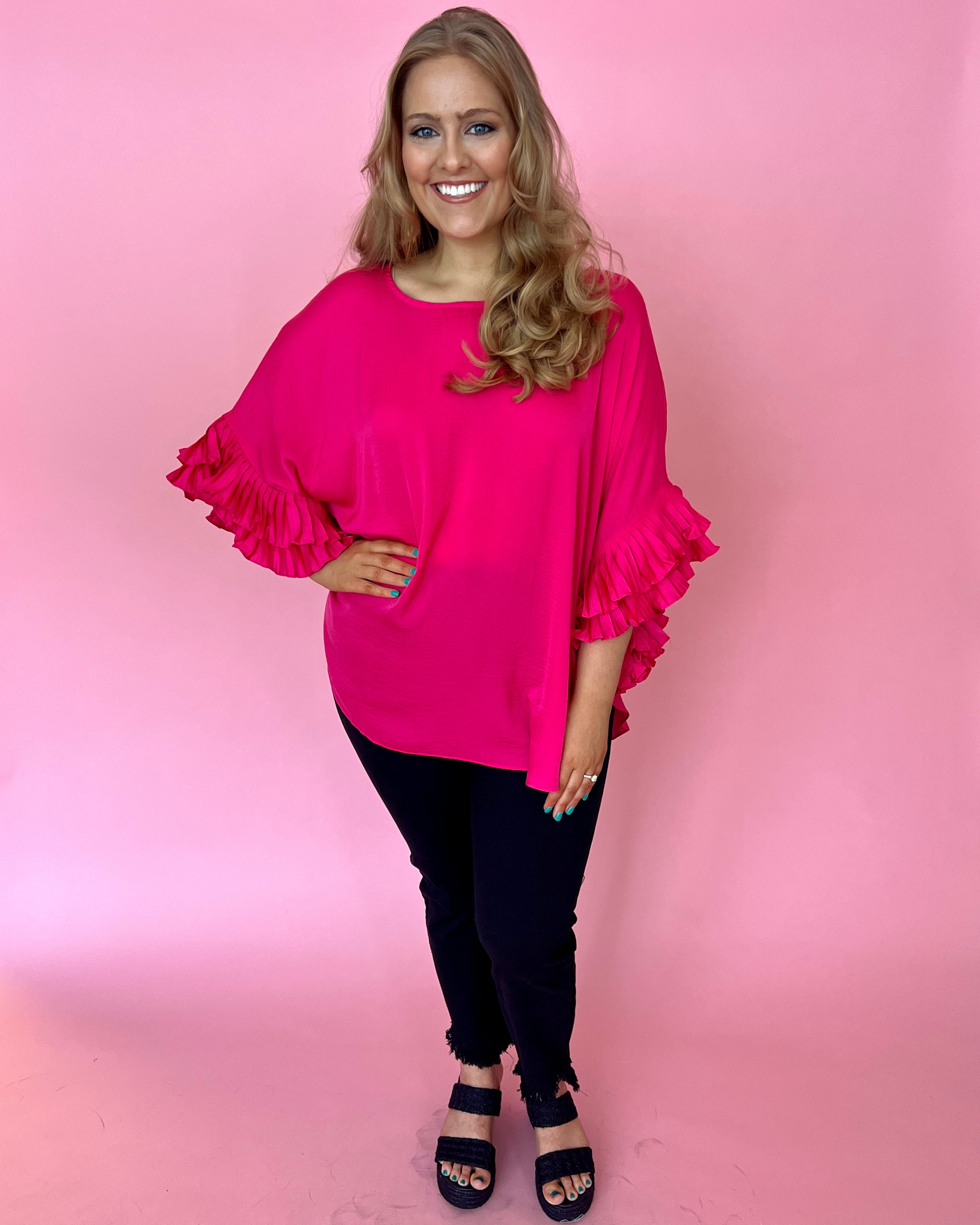 Work Together Hot Pink Plus Dolman Satin Ruffle Sleeve Top-Shop-Womens-Boutique-Clothing