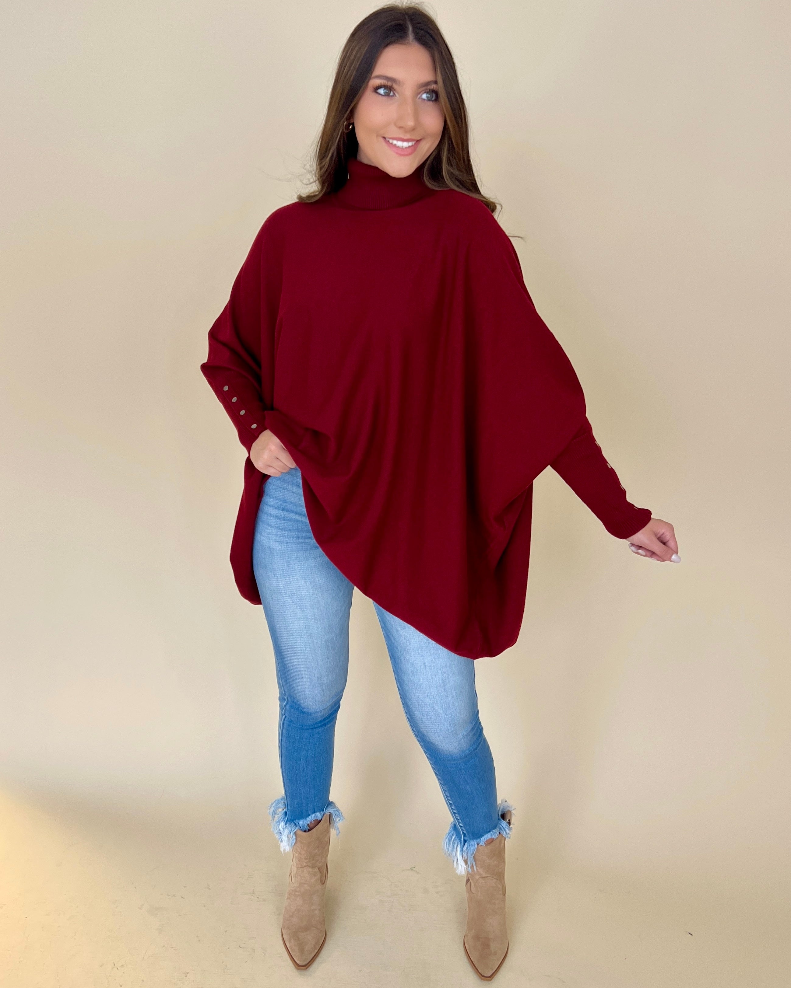 Lovely Chill Merlot Button Cuff Turtle Neck Top-Shop-Womens-Boutique-Clothing