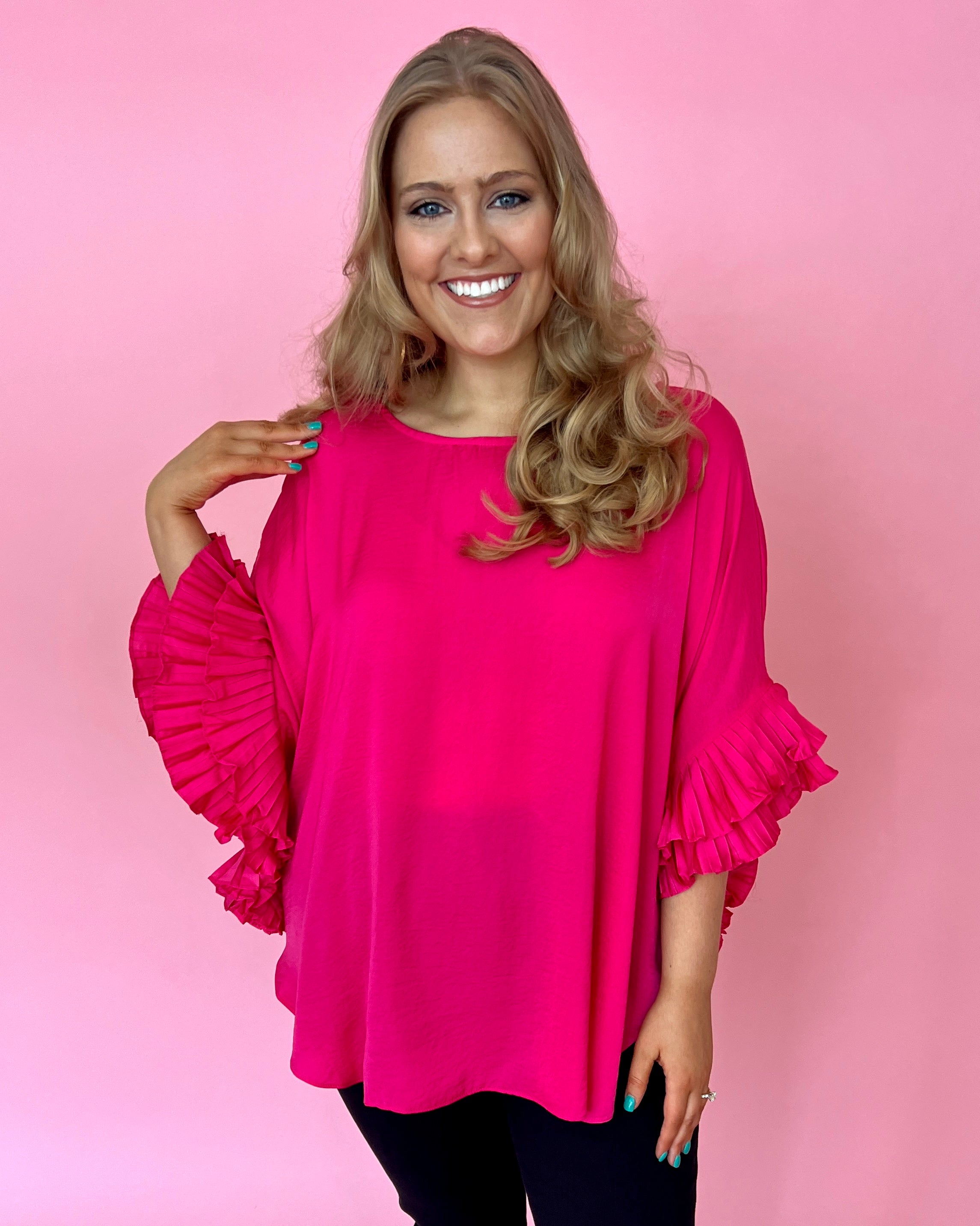 Work Together Hot Pink Plus Dolman Satin Ruffle Sleeve Top-Shop-Womens-Boutique-Clothing