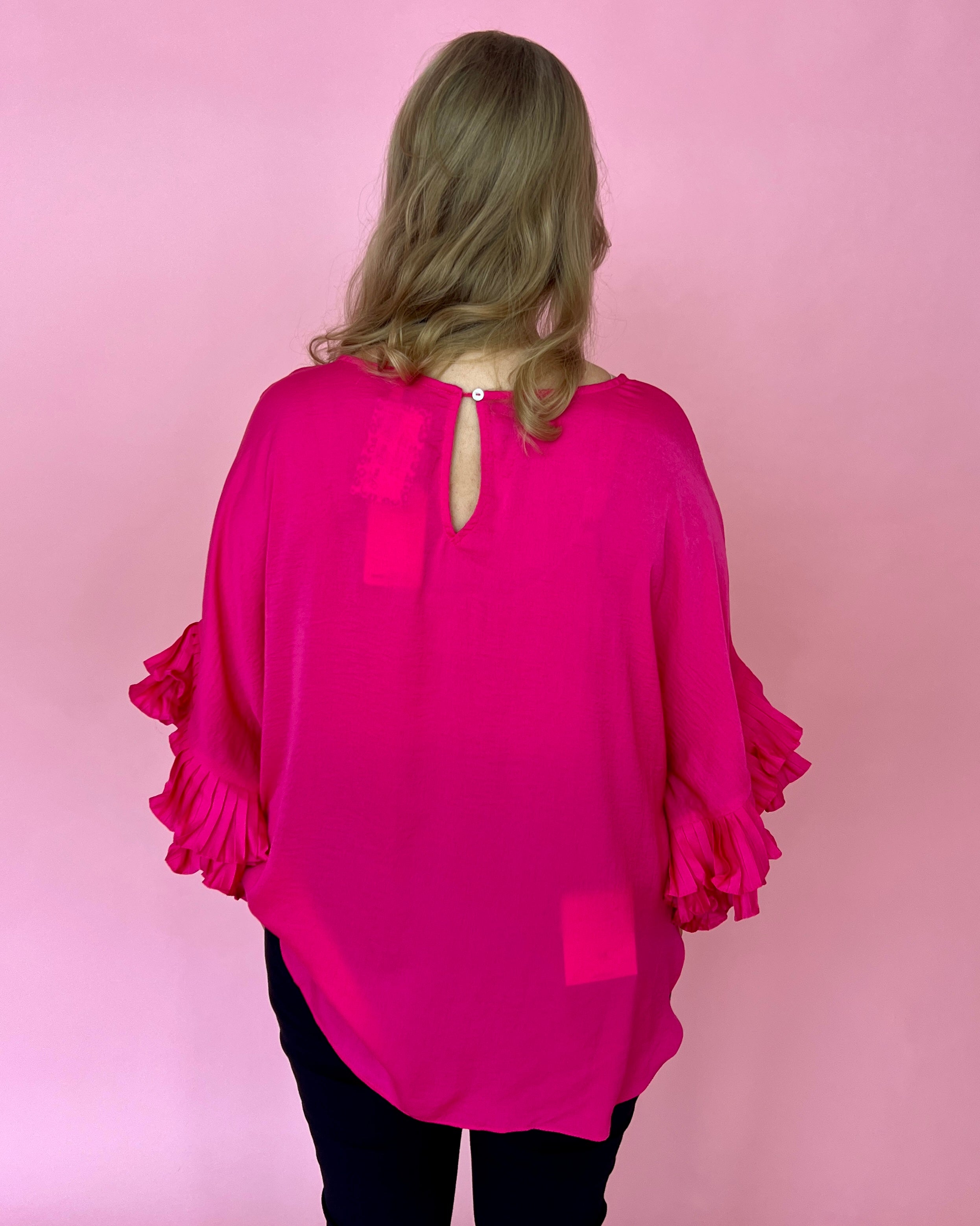 Work Together Hot Pink Plus Dolman Satin Ruffle Sleeve Top-Shop-Womens-Boutique-Clothing