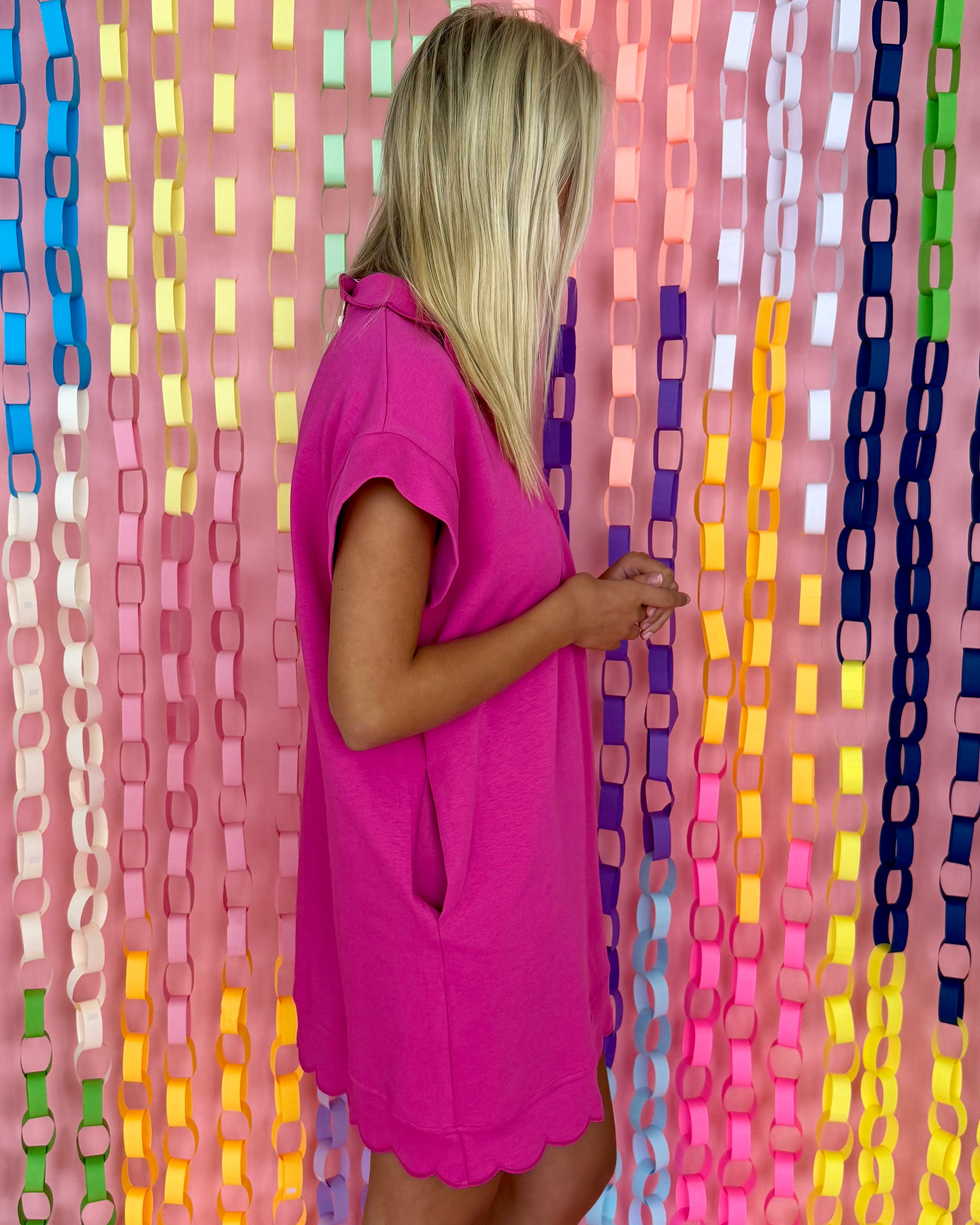 Just Walk By Fuchsia Scalloped Button Dress-Shop-Womens-Boutique-Clothing