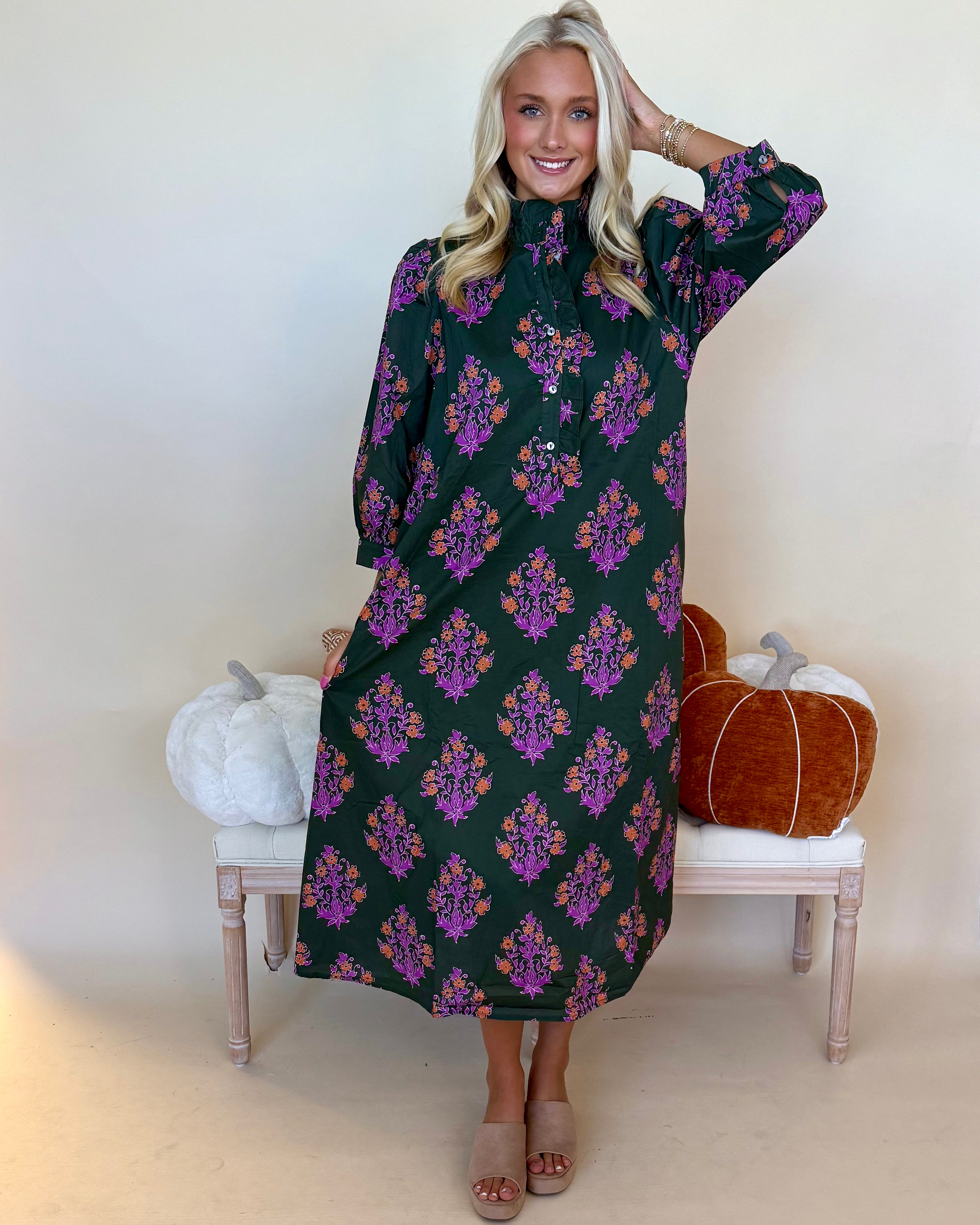 Blooming Gently Dk Olive Print Ruffle Midi Dress-Shop-Womens-Boutique-Clothing