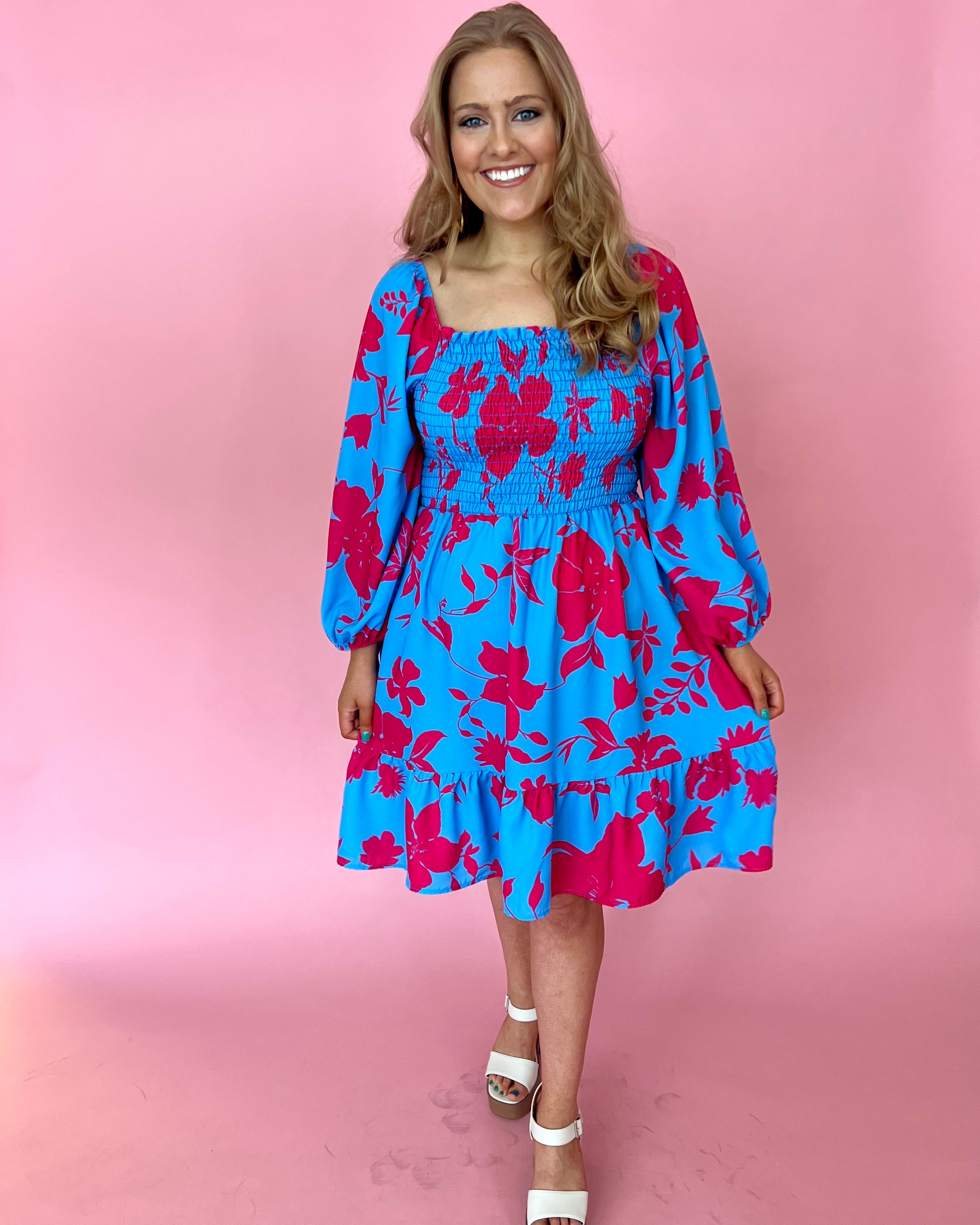As You Wish Blue Plus Floral Smocked Dress-Shop-Womens-Boutique-Clothing