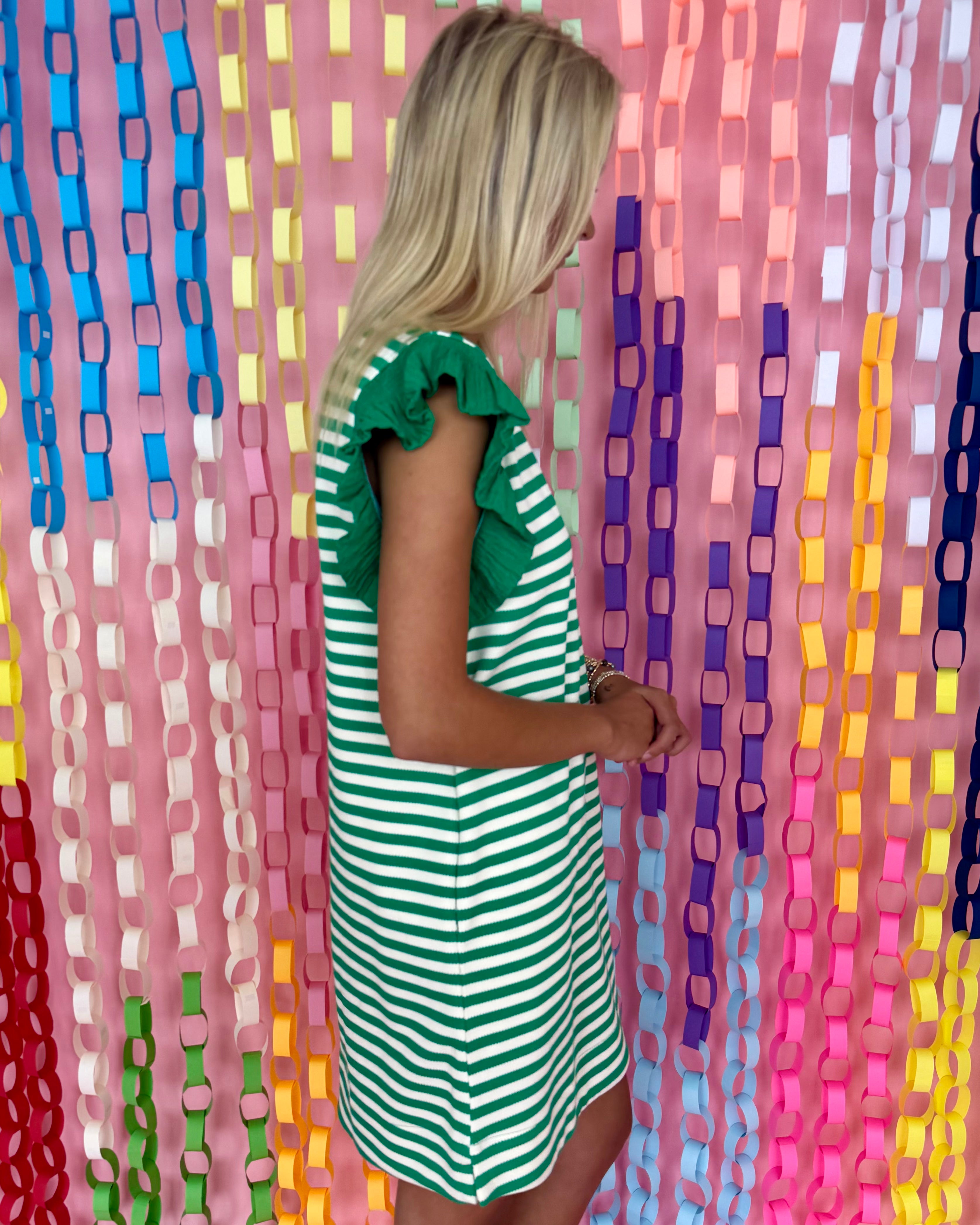 Loving Smile Emerald Striped Ruffle Dress-Shop-Womens-Boutique-Clothing