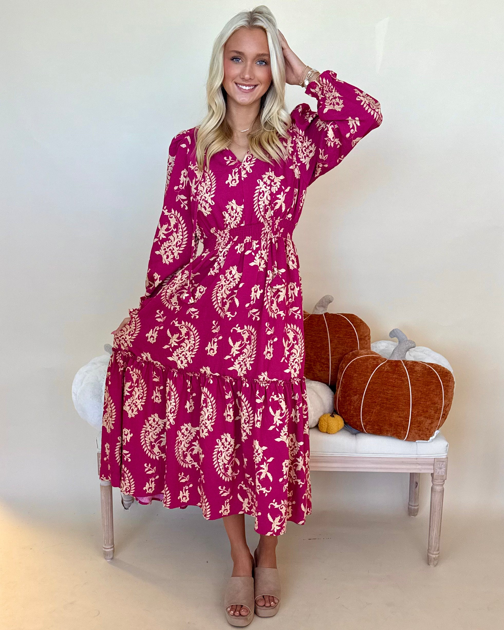 All Going Well Magenta Paisley Midi Dress-Shop-Womens-Boutique-Clothing