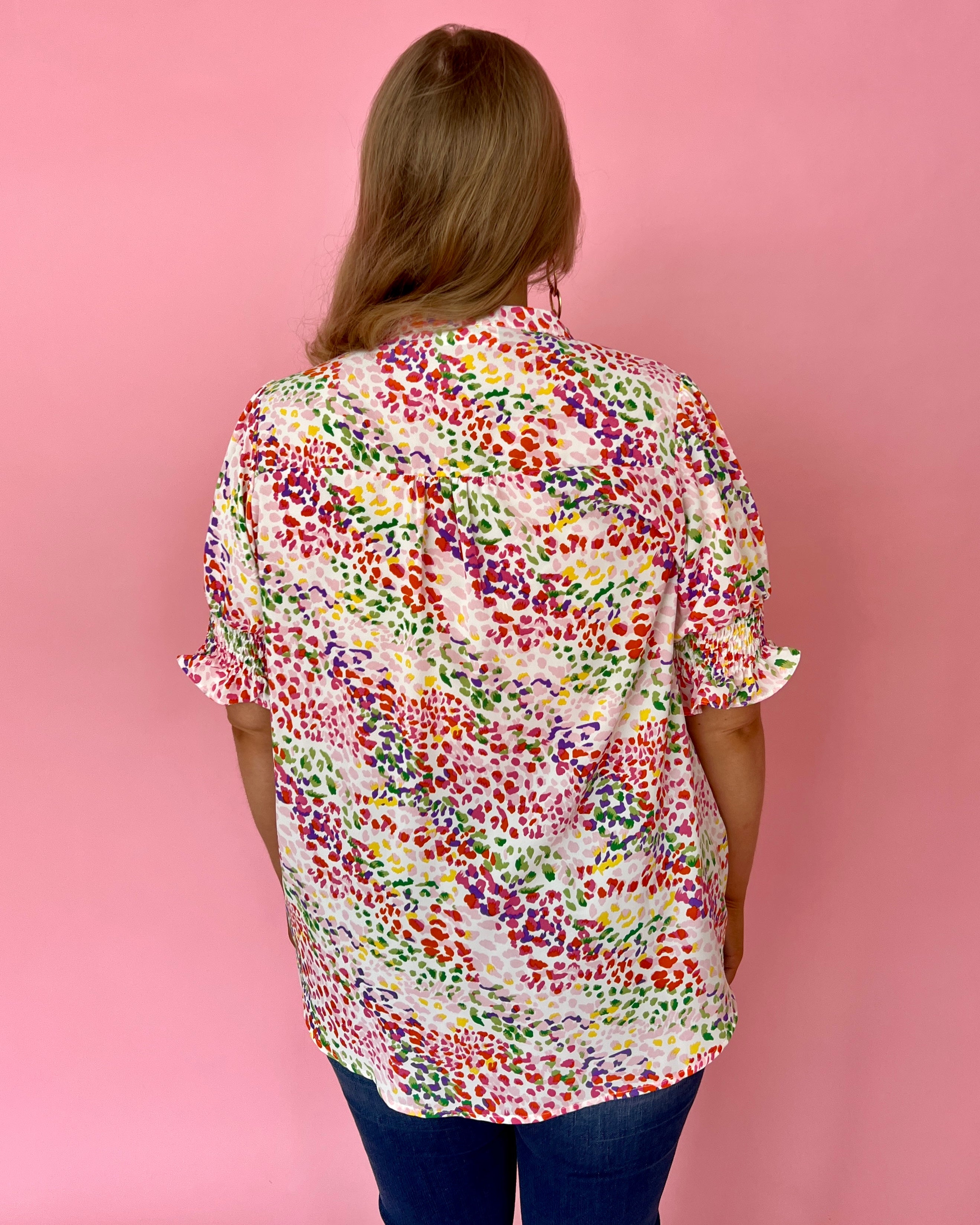 Shades Of Lovely Pink Plus Abstract Print Split Neck Smocked Top-Shop-Womens-Boutique-Clothing