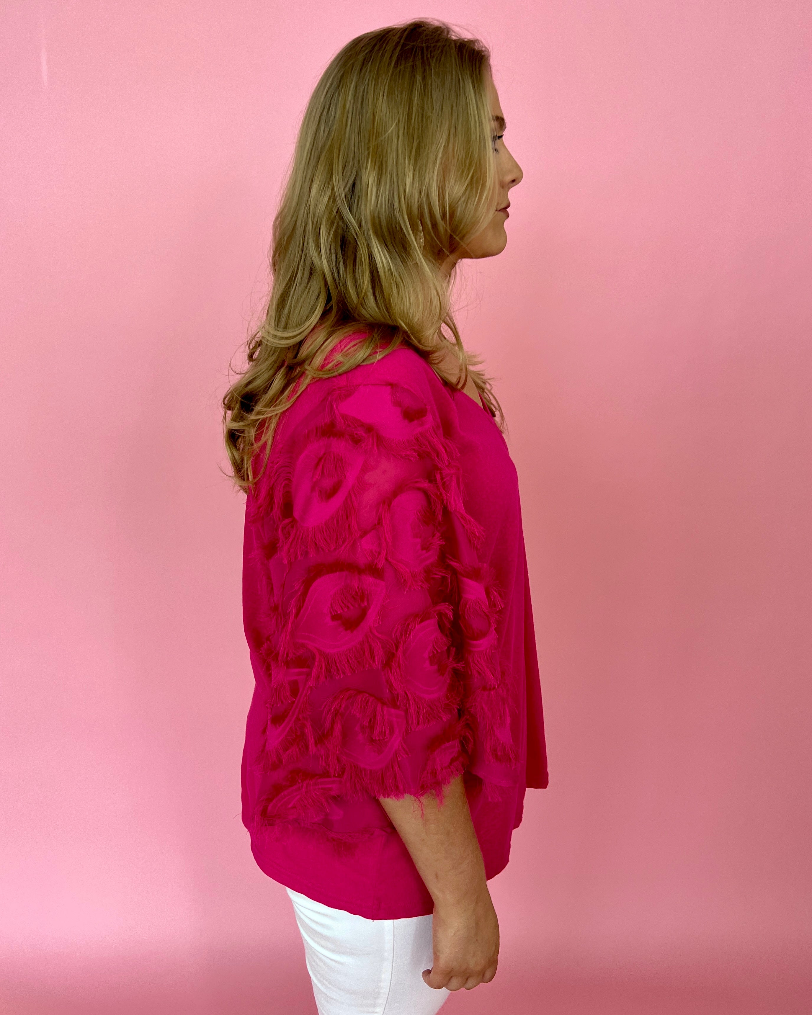 Best Night Ever Fuchsia Plus Feather Sleeve Top-Shop-Womens-Boutique-Clothing