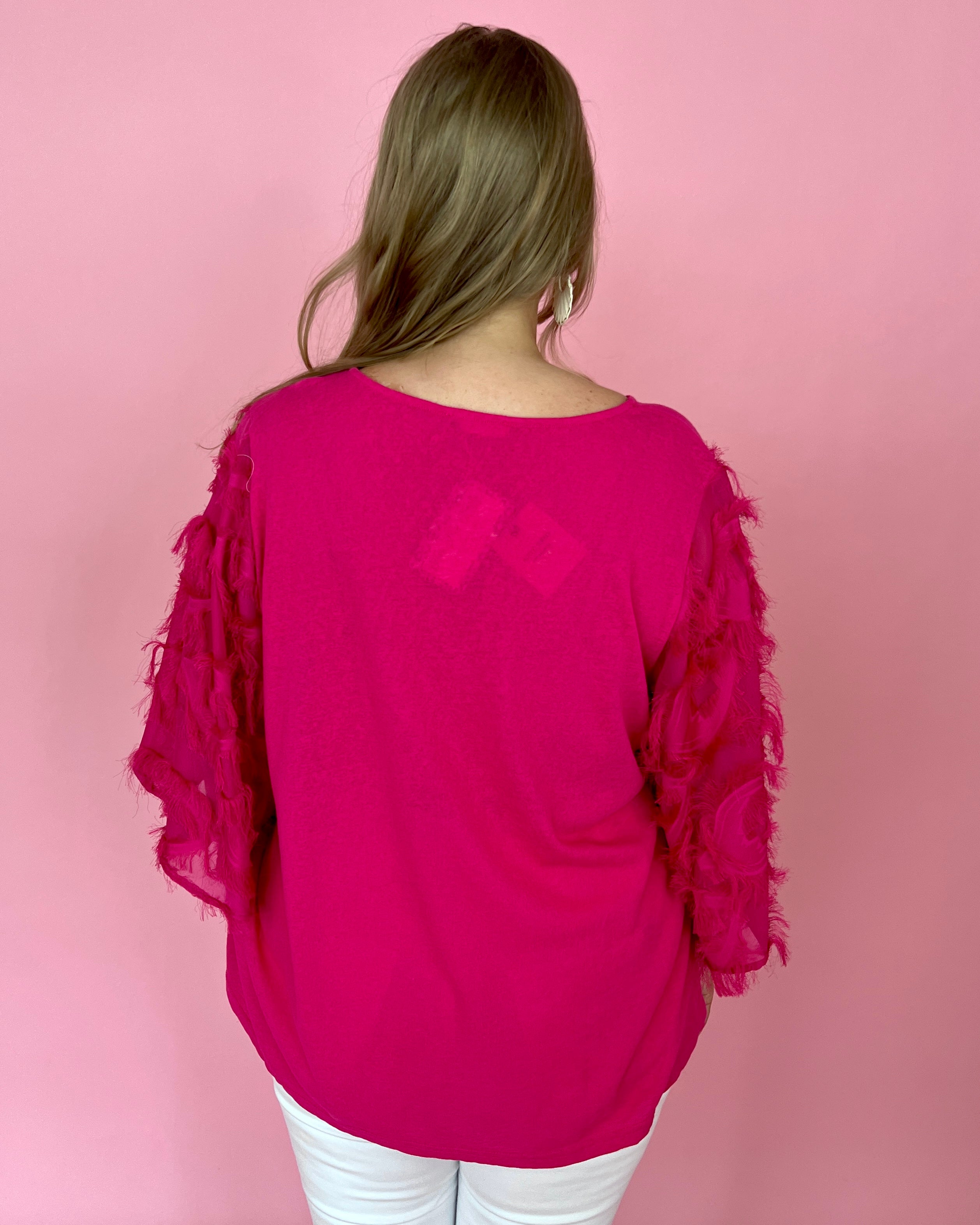 Best Night Ever Fuchsia Plus Feather Sleeve Top-Shop-Womens-Boutique-Clothing