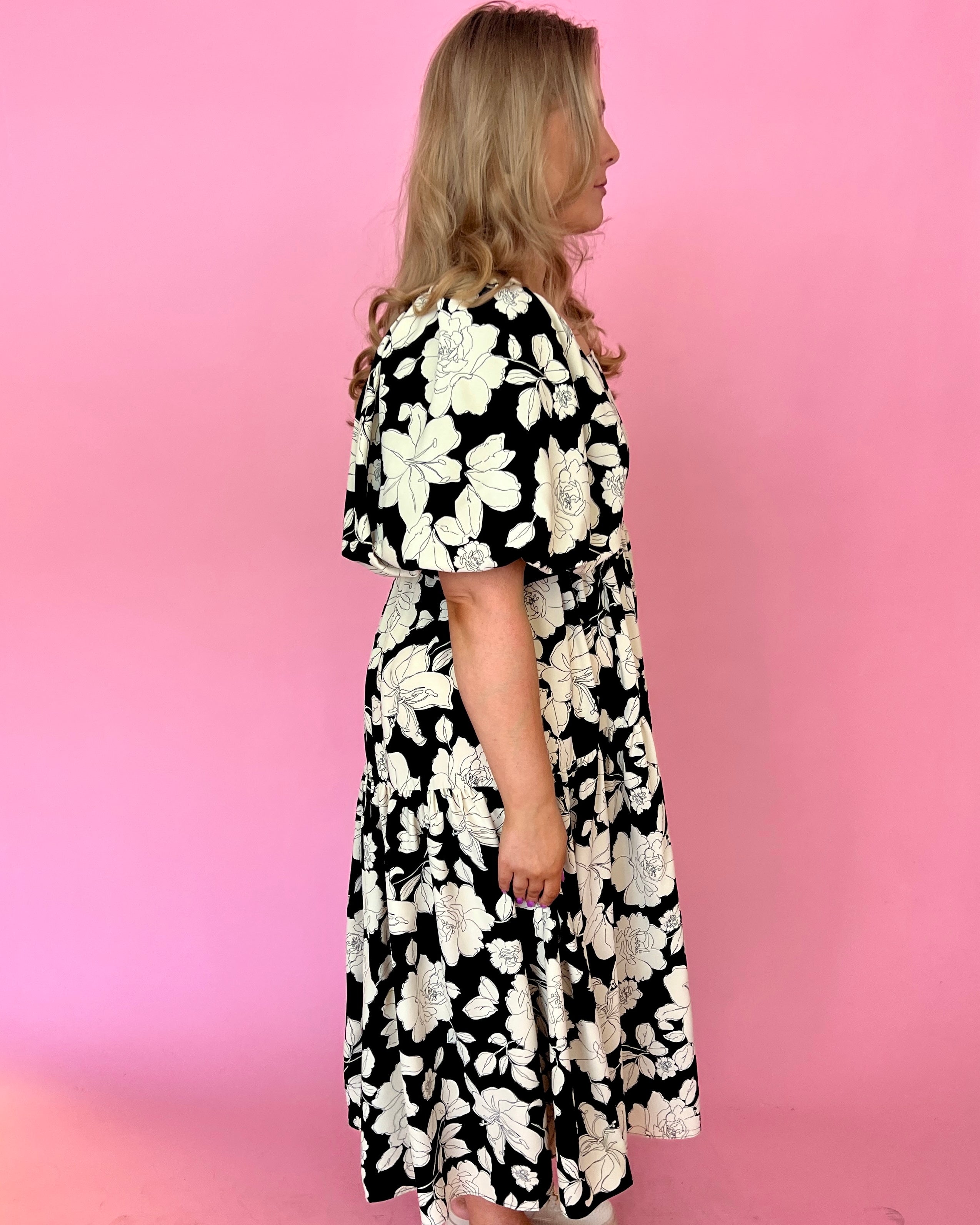 Kind Gesture Black Plus Floral Puff Sleeve Tiered Dress-Shop-Womens-Boutique-Clothing