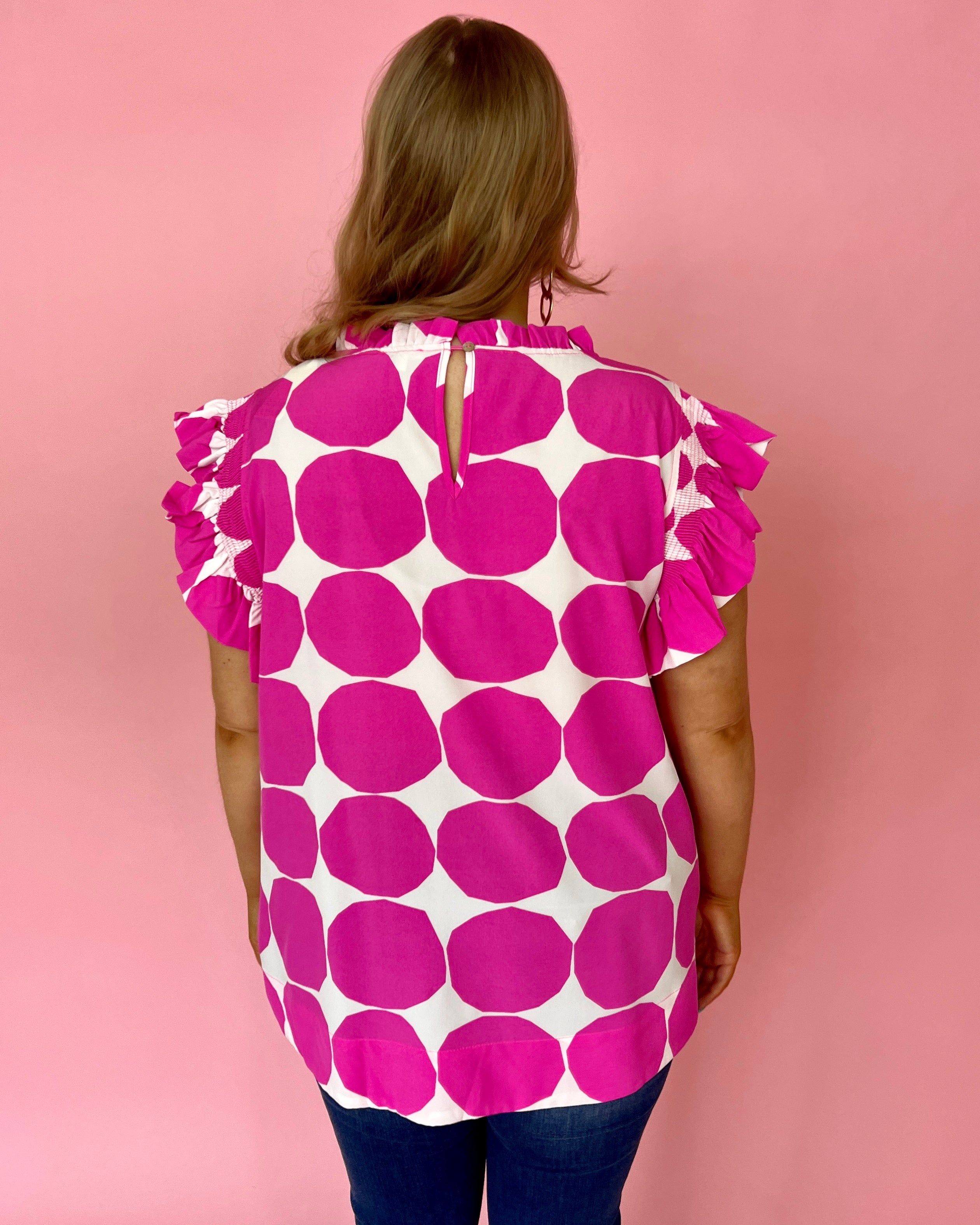 Starting Today Hot Pink Plus Large Dot Print Ruffle Top-Shop-Womens-Boutique-Clothing