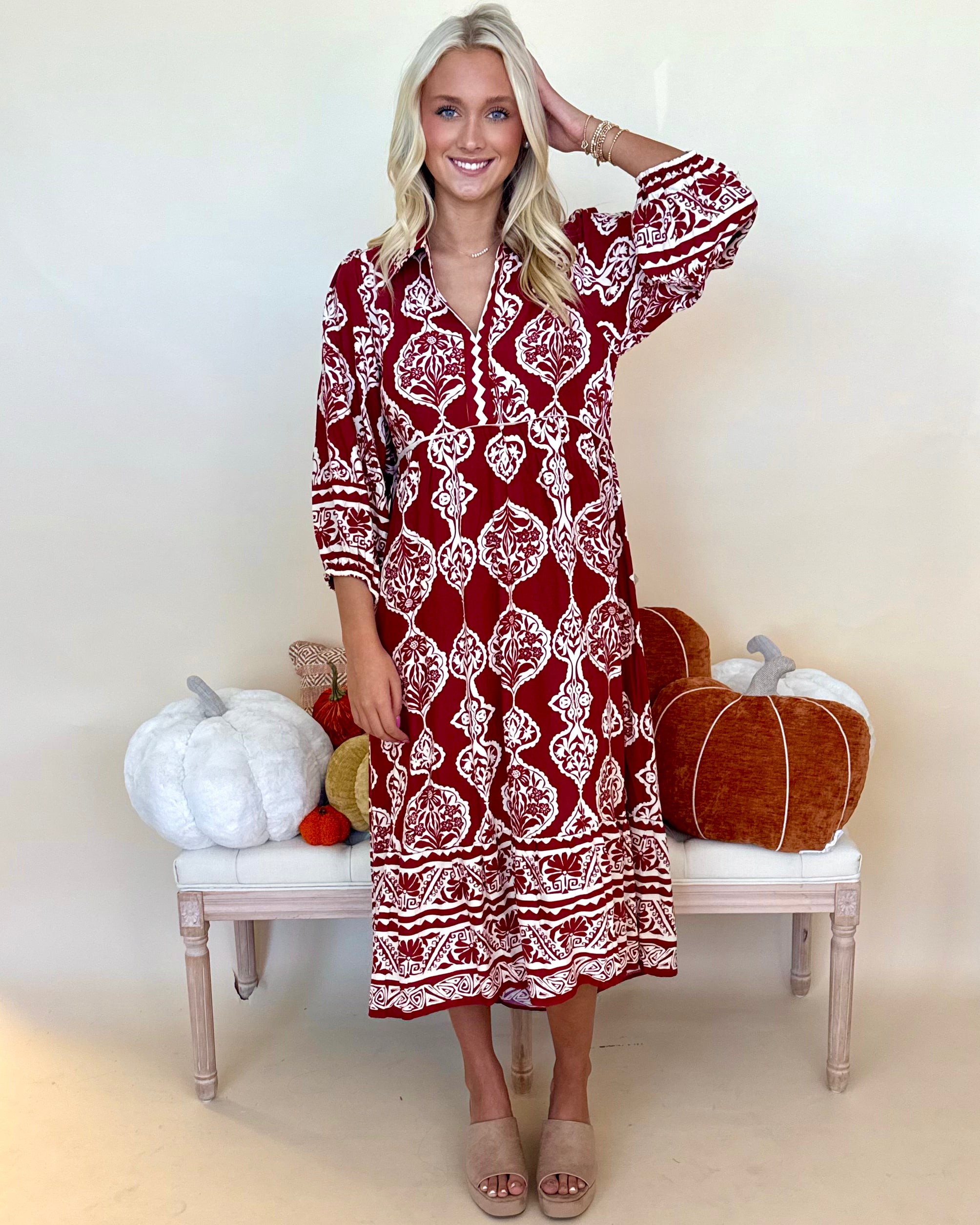 Right Timing Wine Abstract Midi Dress-Shop-Womens-Boutique-Clothing