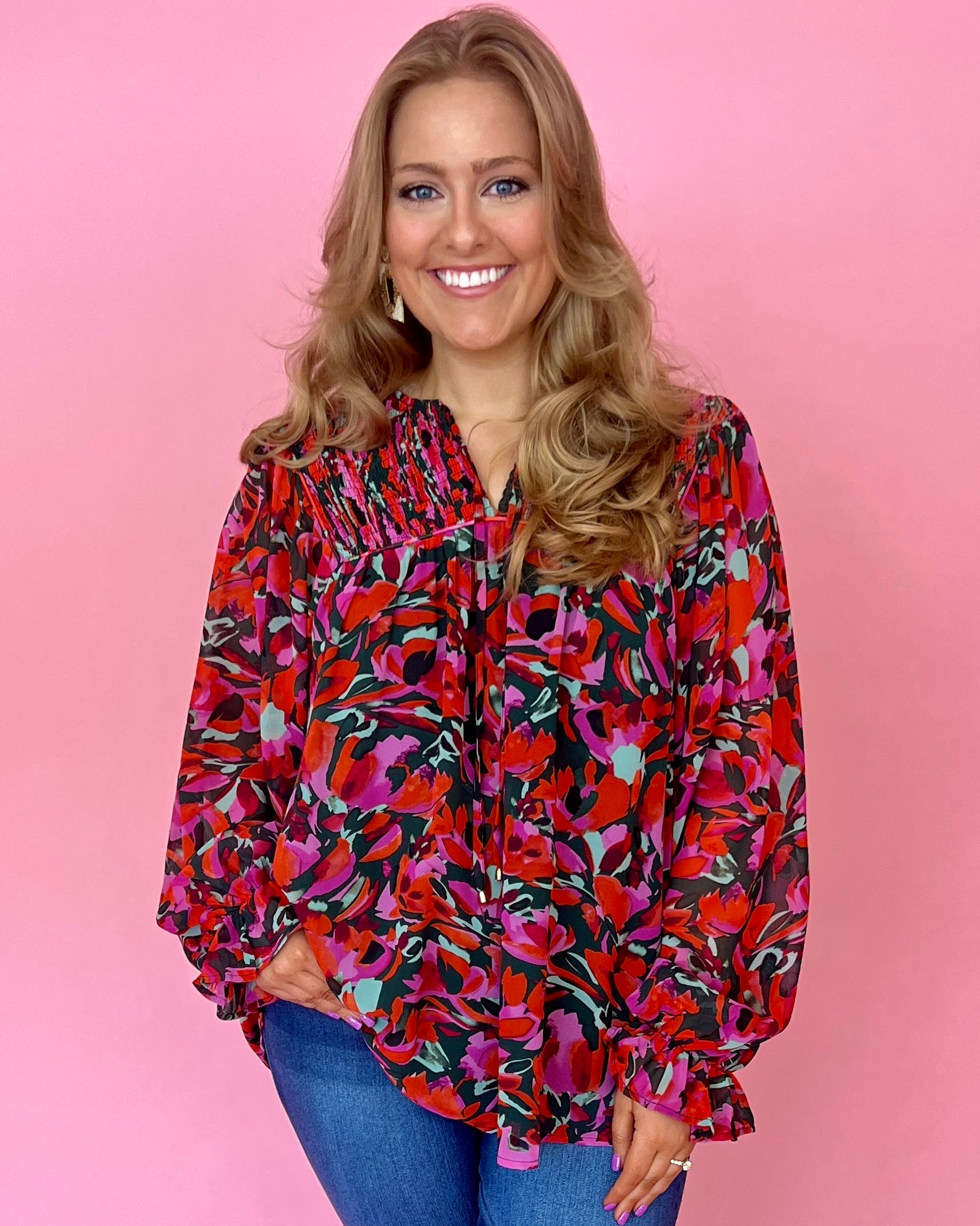 Forgot You Existed Green Plus Floral Smocked Split Neck Top-Shop-Womens-Boutique-Clothing