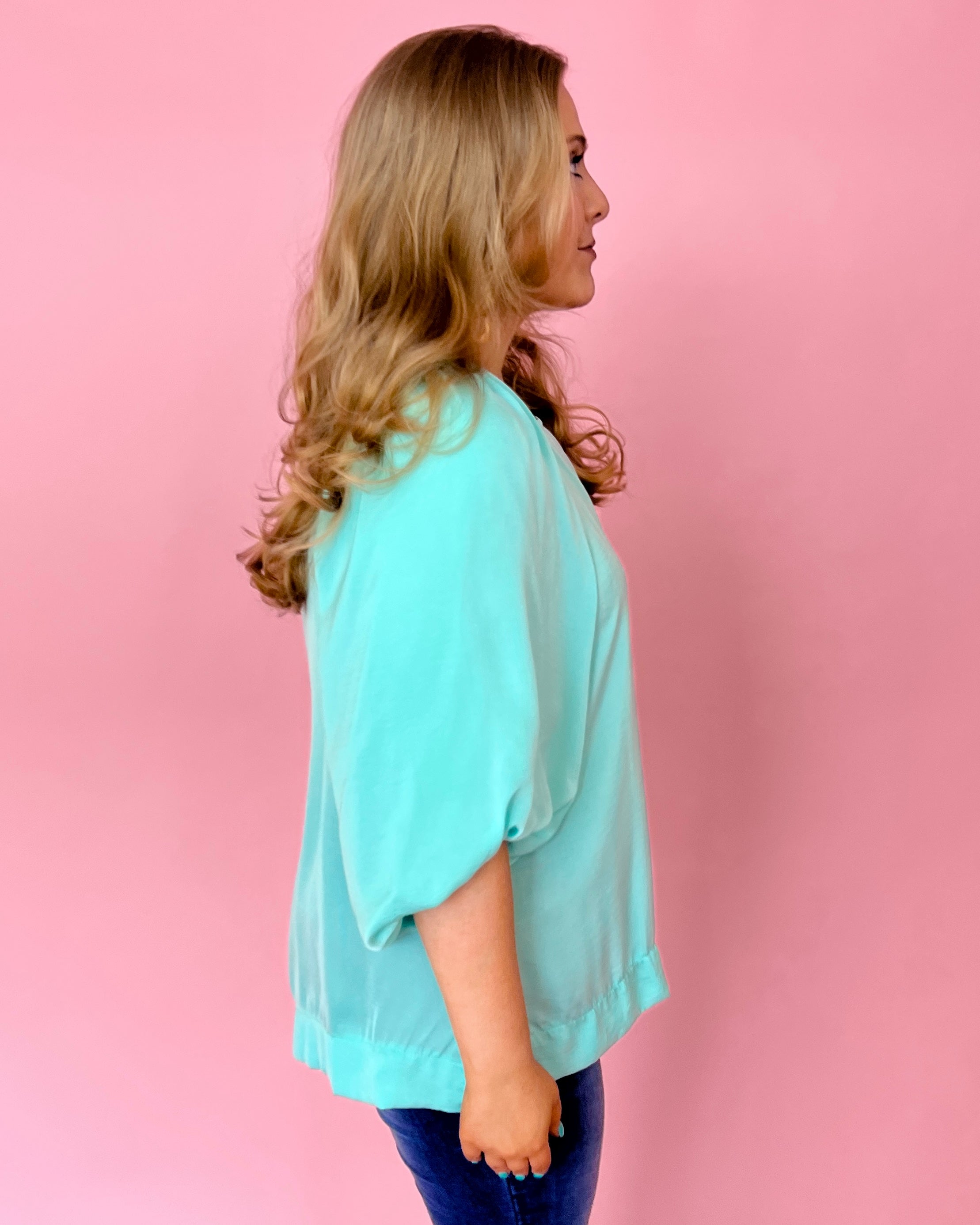 Lucky Me Ice Mint Plus Satin Balloon Sleeve Top-Shop-Womens-Boutique-Clothing