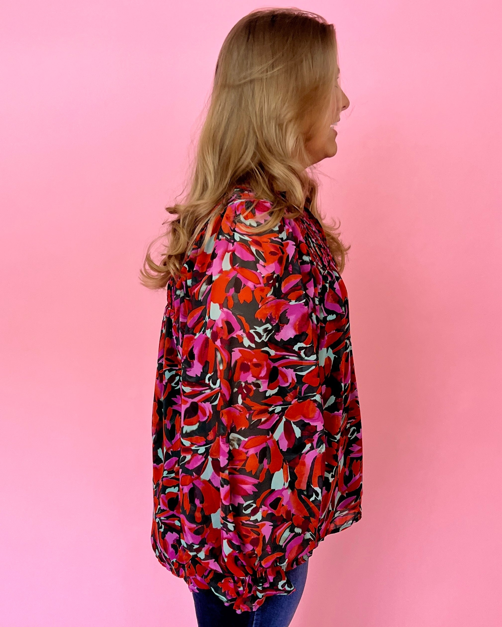 Forgot You Existed Green Plus Floral Smocked Split Neck Top-Shop-Womens-Boutique-Clothing