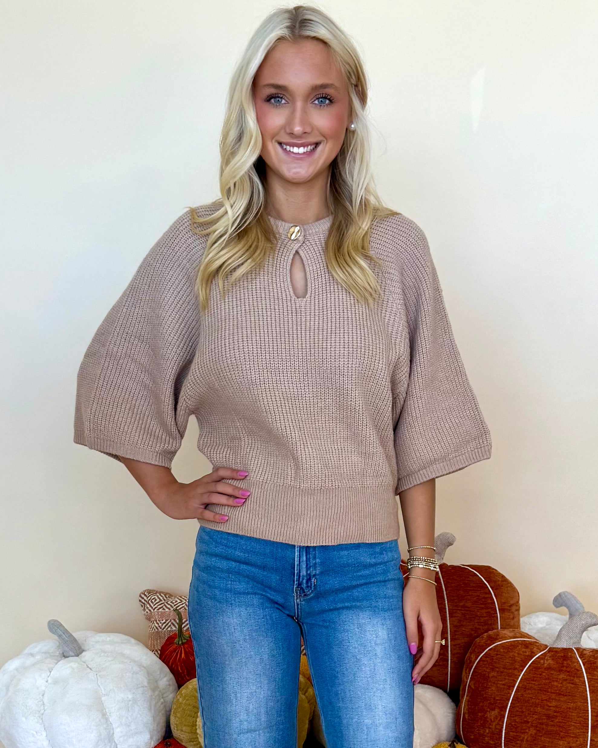 Wide Open Spaces Taupe 3/4 Sleeve Sweater-Shop-Womens-Boutique-Clothing