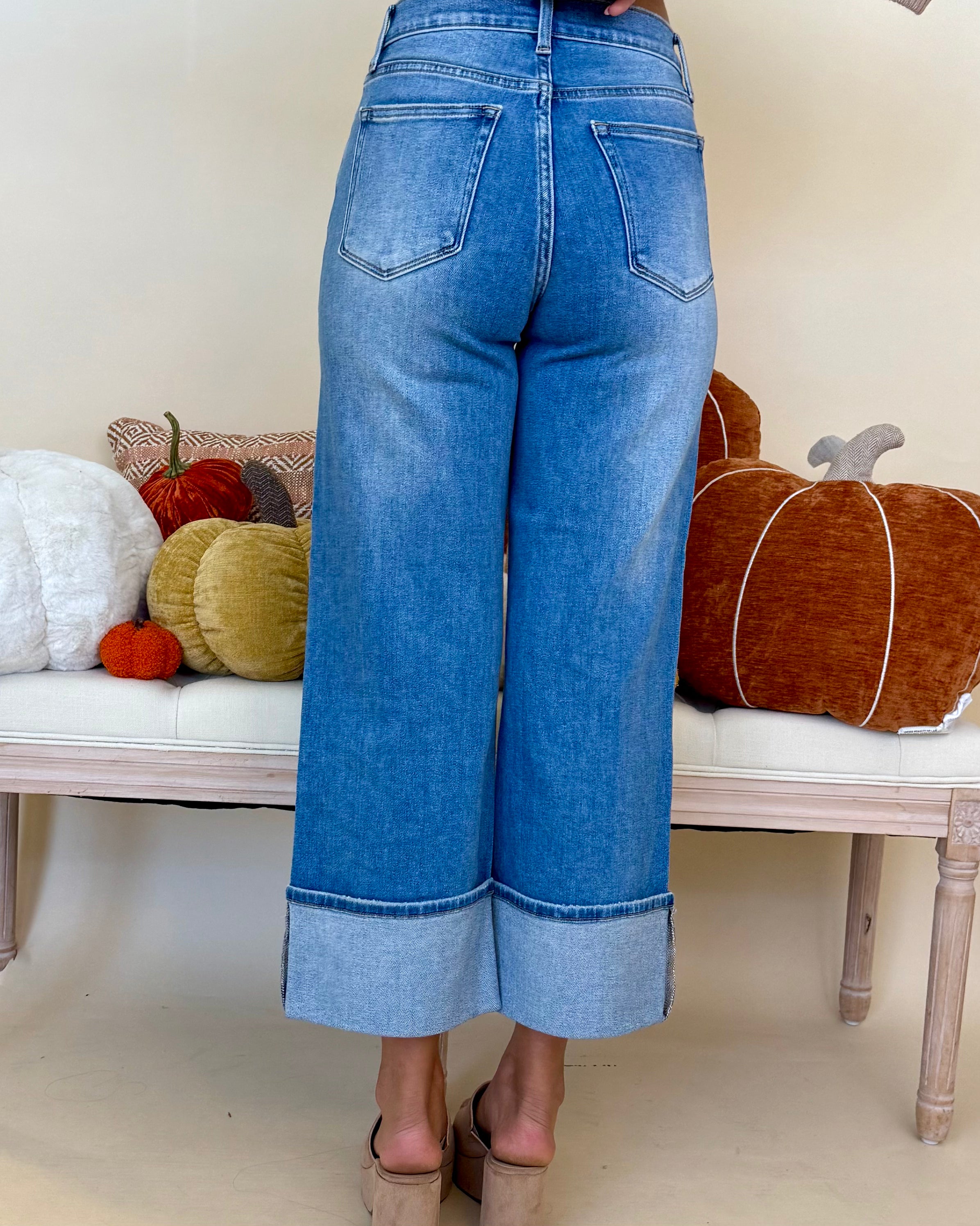 Chai Time Medium Denim Cuffed Wide Leg Jean-Shop-Womens-Boutique-Clothing