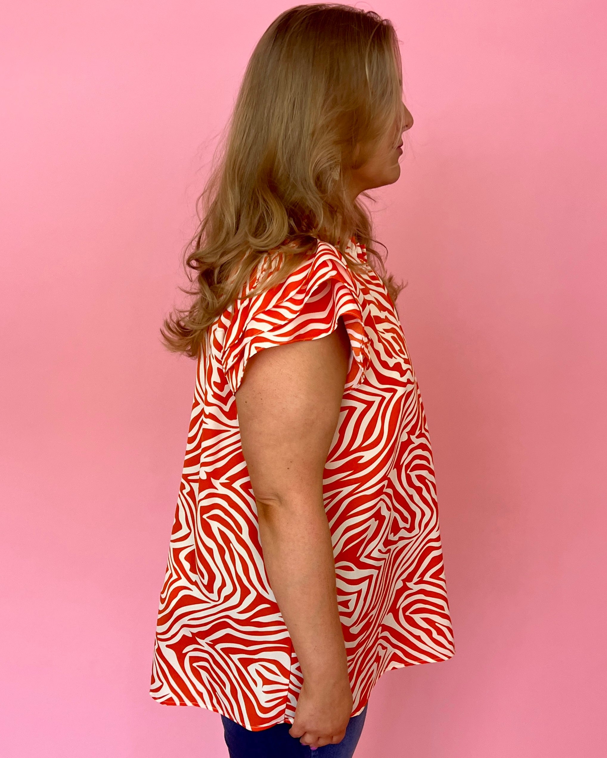 Ready To Go Orange Plus Zebra High Neck Ruffle Top-Shop-Womens-Boutique-Clothing