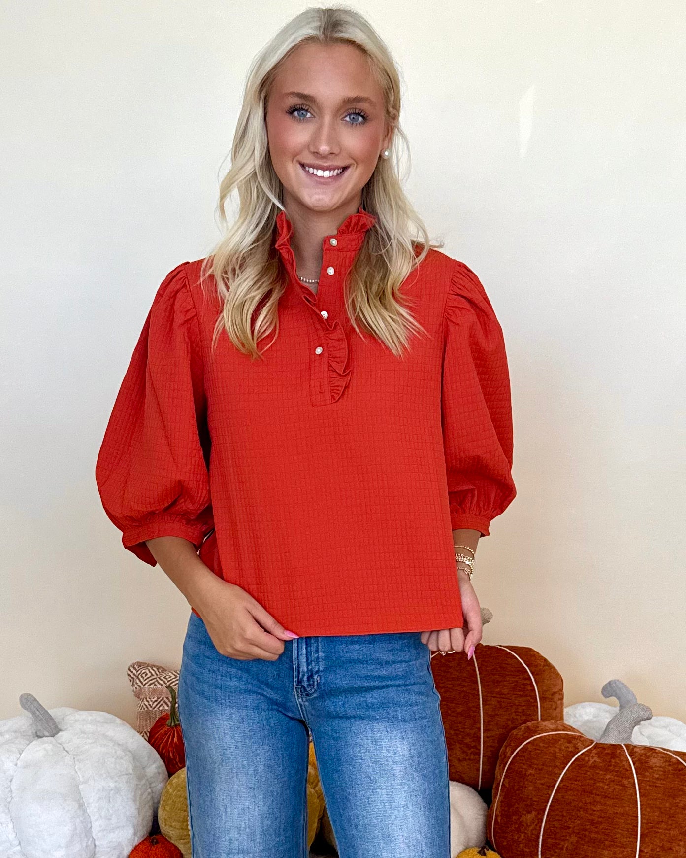 Think On It Rust Textured Ruffle Top-Shop-Womens-Boutique-Clothing