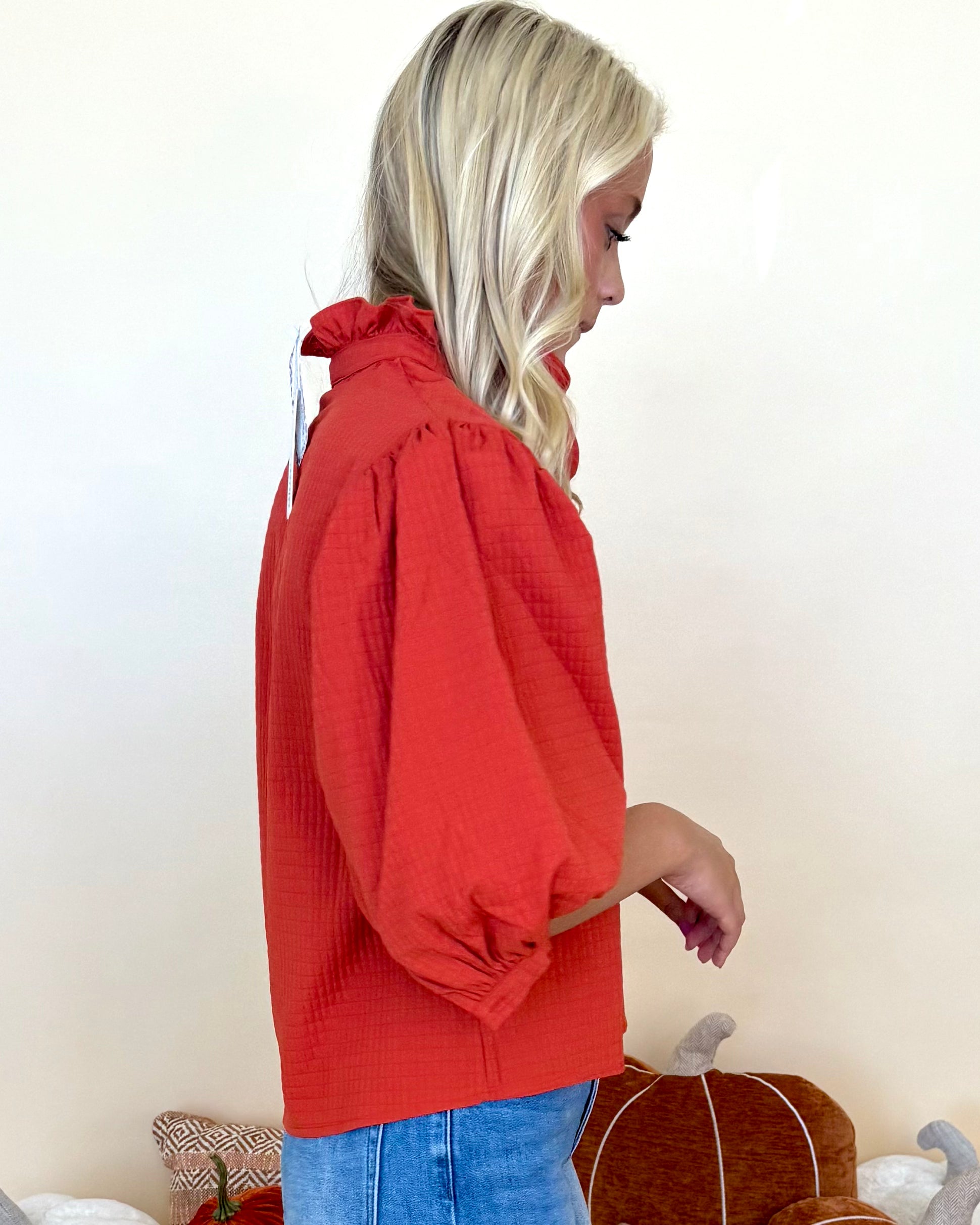 Think On It Rust Textured Ruffle Top-Shop-Womens-Boutique-Clothing