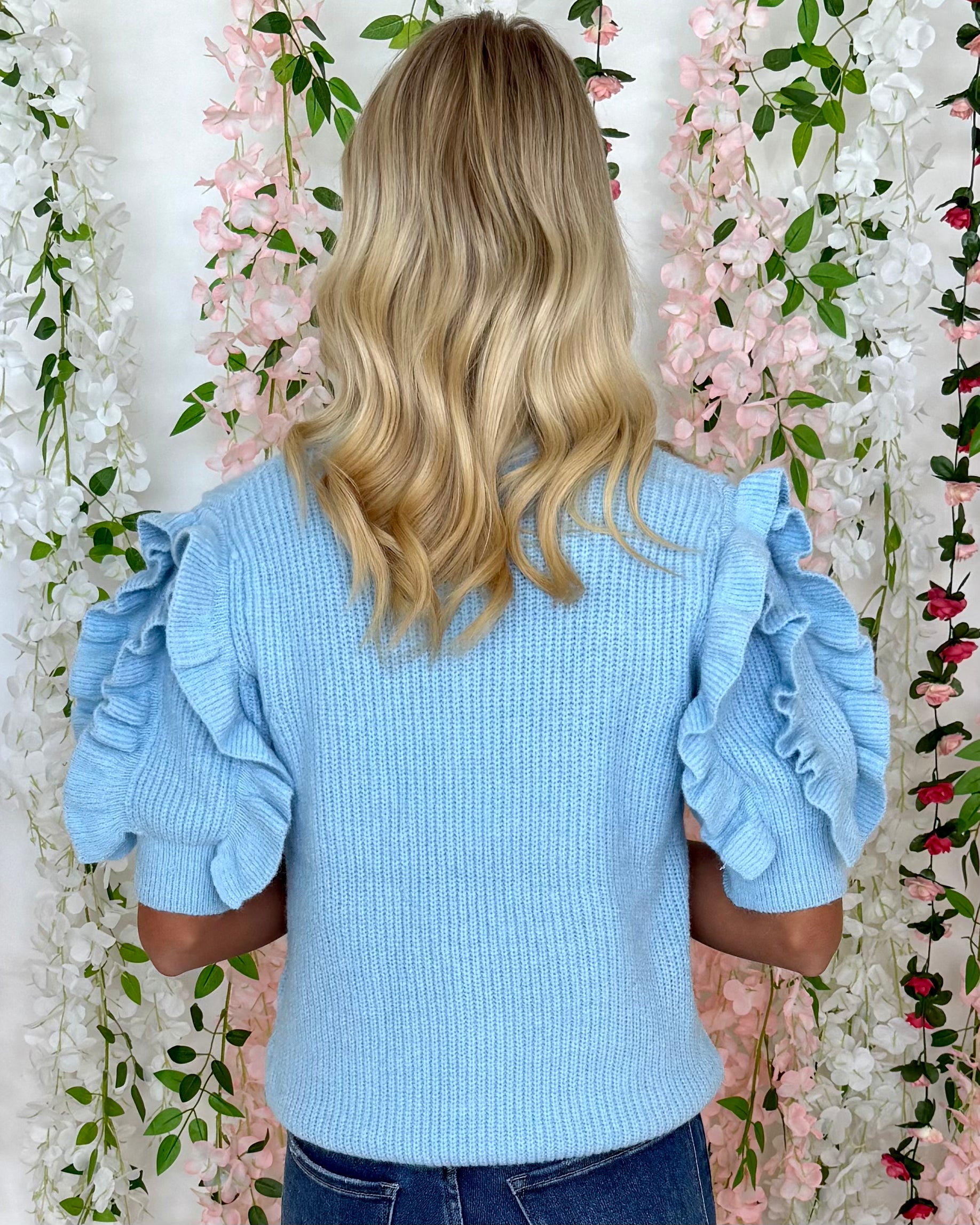 Southern Charm Soft Blue Ruffled Sweater-Shop-Womens-Boutique-Clothing