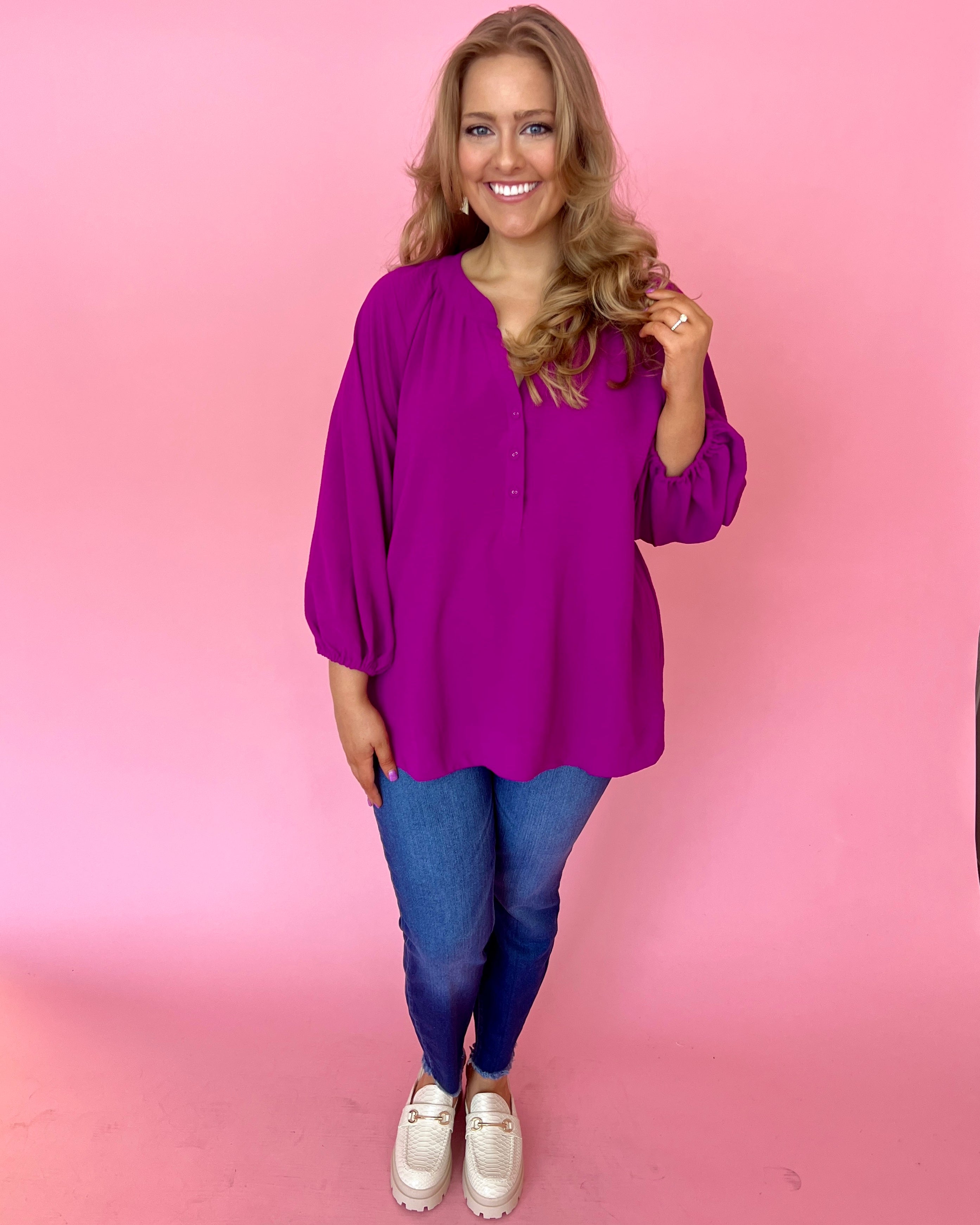Just A Thought Magenta Plus Split Neck Button Top-Shop-Womens-Boutique-Clothing