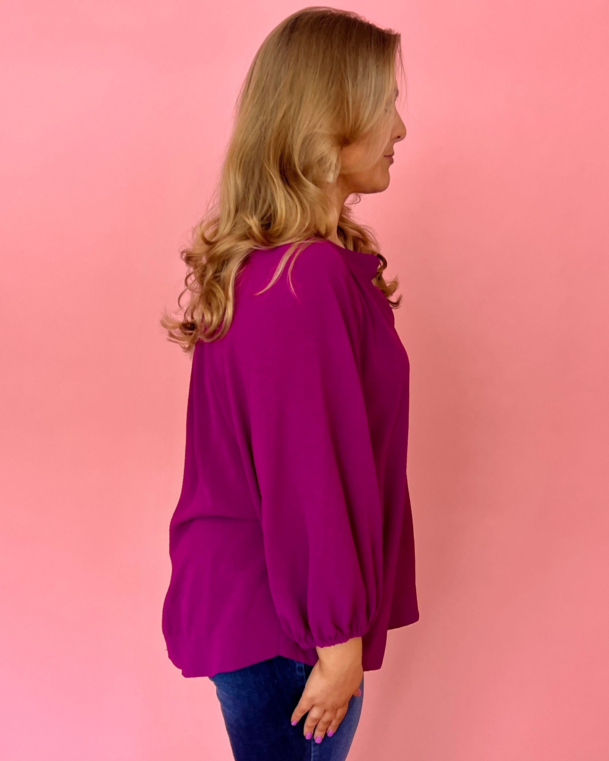 Just A Thought Magenta Plus Split Neck Button Top-Shop-Womens-Boutique-Clothing