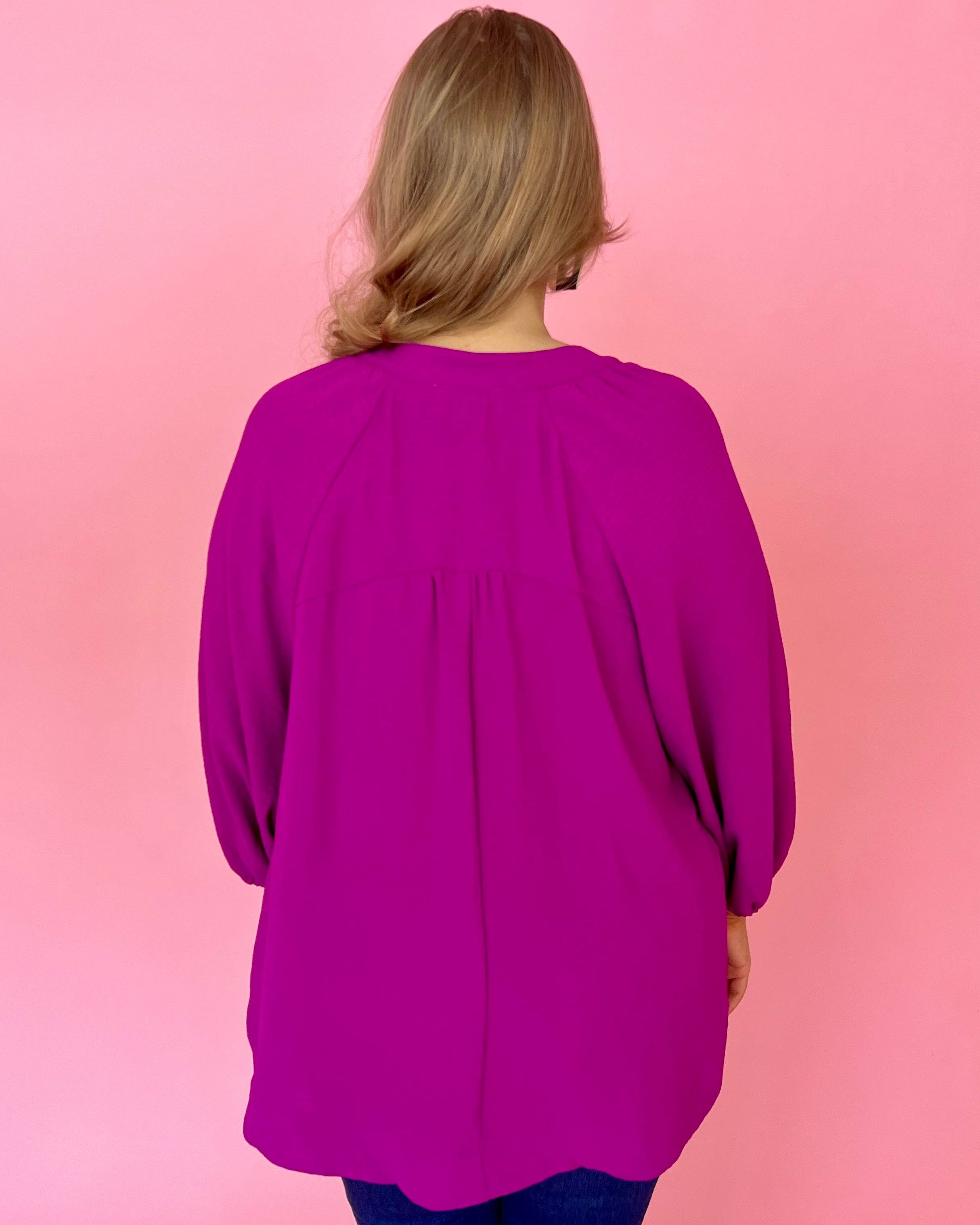 Just A Thought Magenta Plus Split Neck Button Top-Shop-Womens-Boutique-Clothing