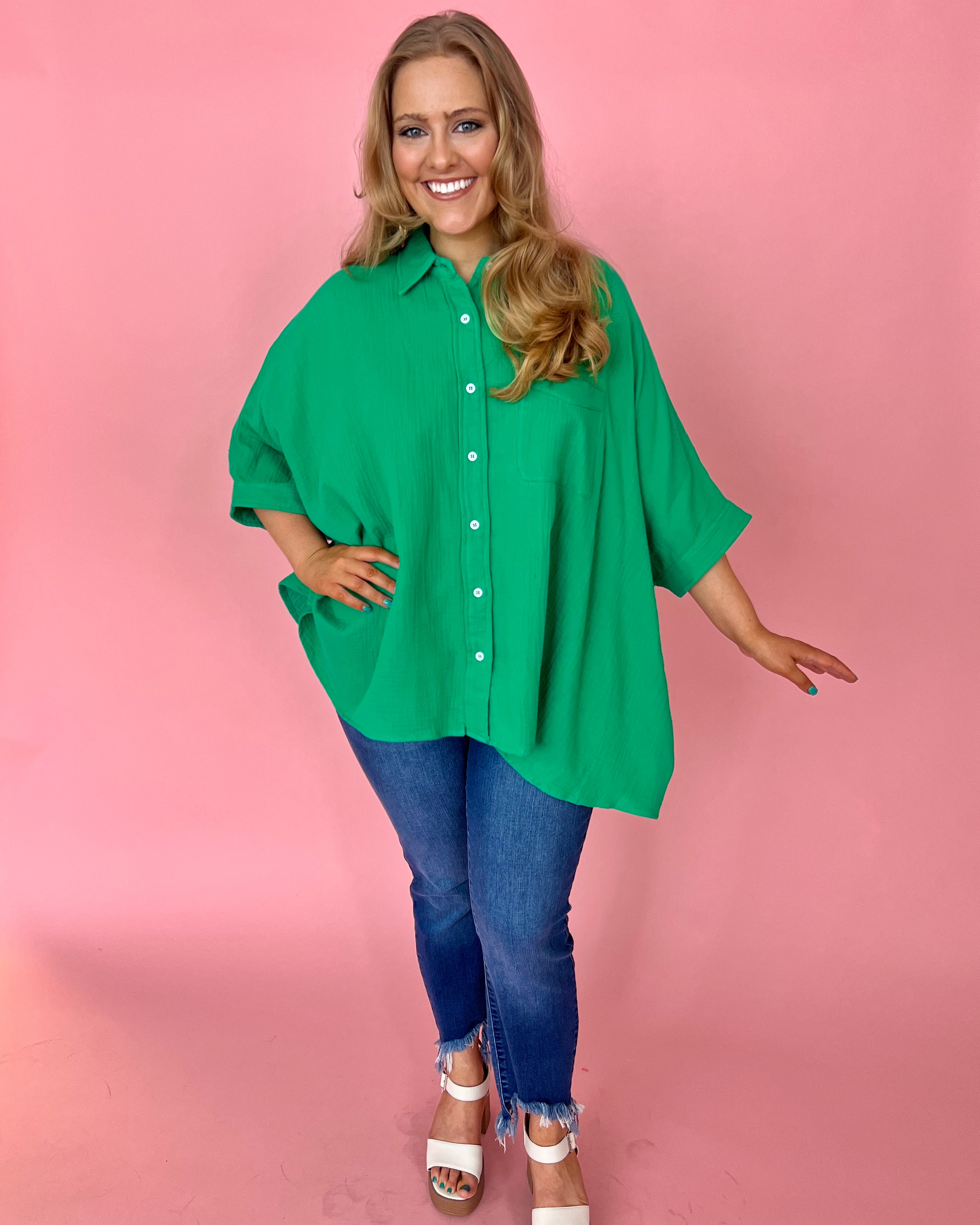 Days Of Summer Green Plus Gauze Button Down Dolman Top-Shop-Womens-Boutique-Clothing