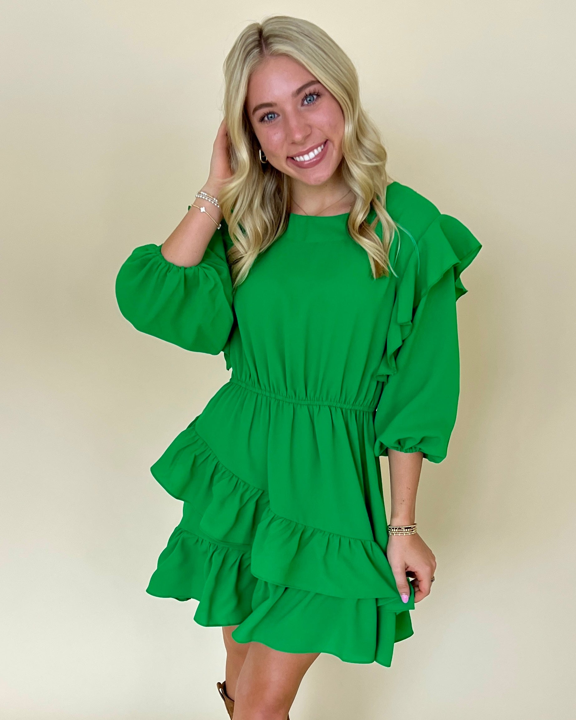 Can't Leave You Kelly Green Ruffle Dress-Shop-Womens-Boutique-Clothing