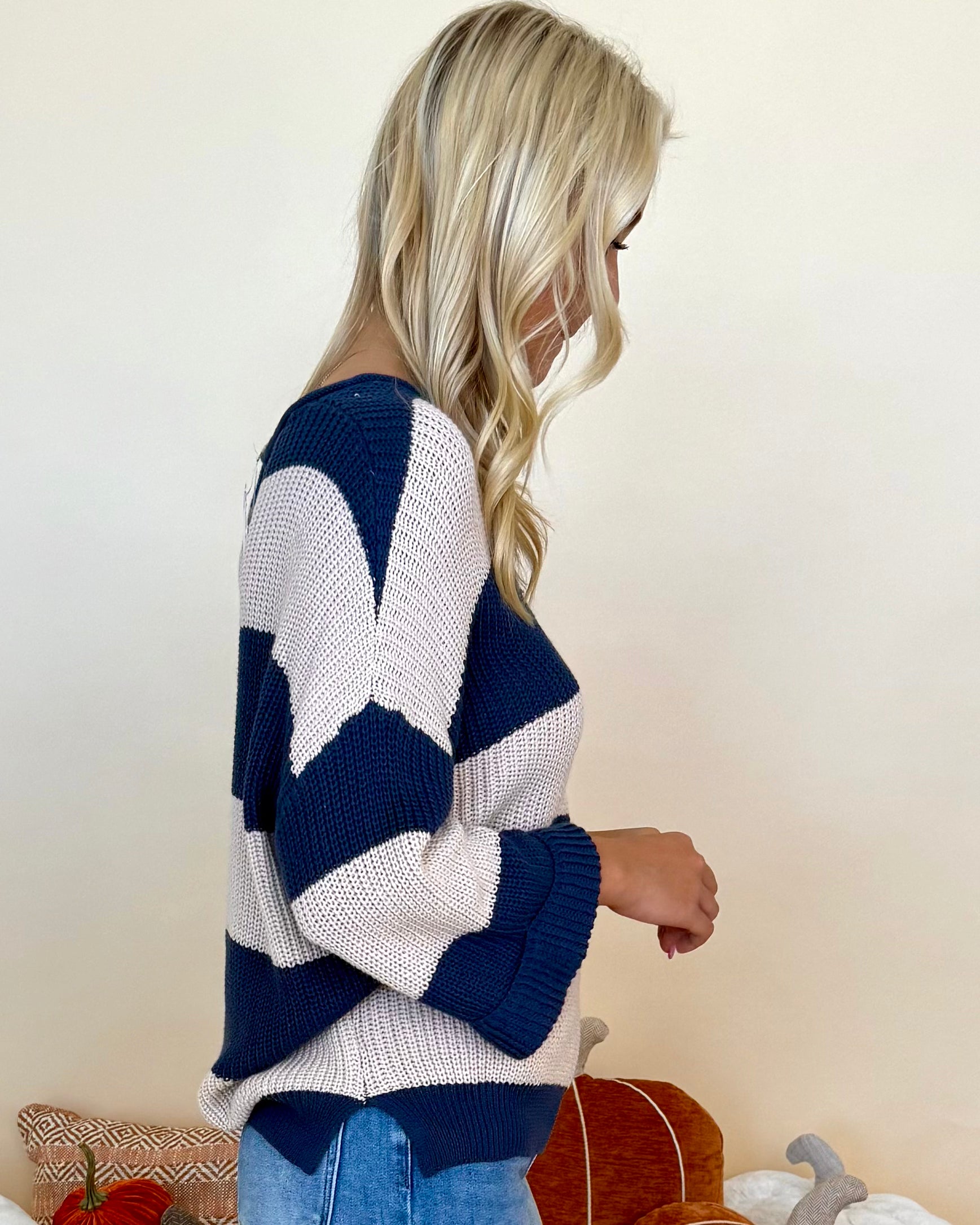 Thinking It Navy Blue V-Neck Striped Sweater-Shop-Womens-Boutique-Clothing