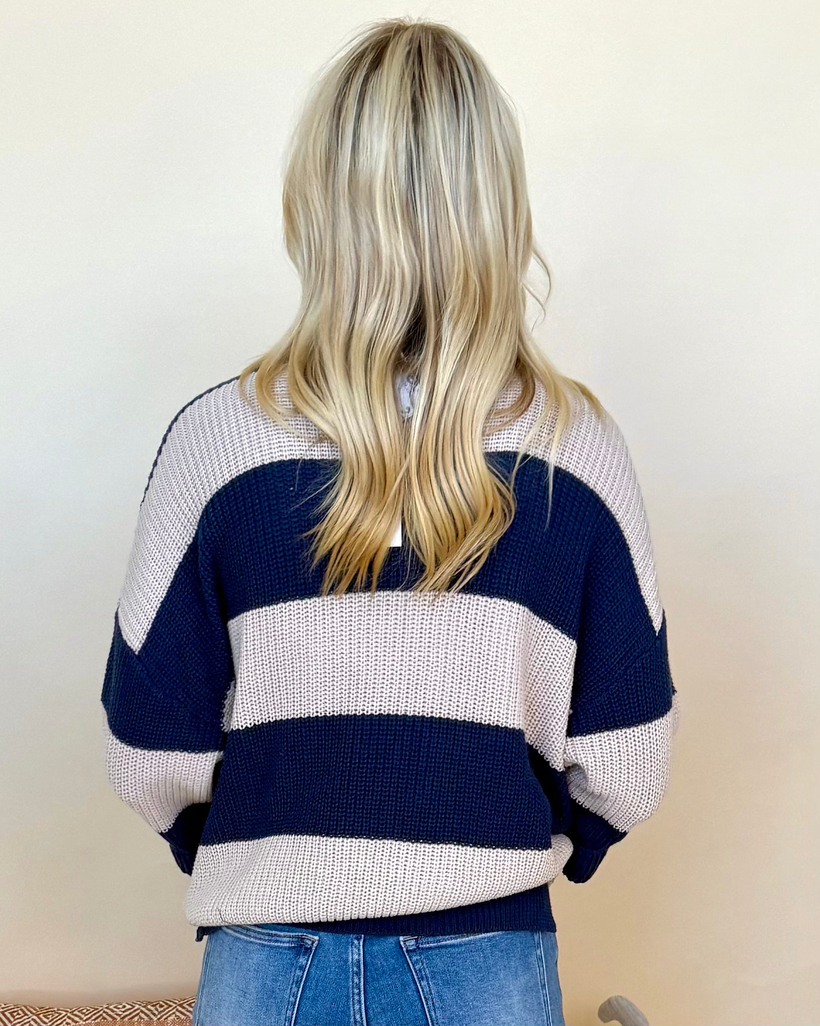 Thinking It Navy Blue V-Neck Striped Sweater-Shop-Womens-Boutique-Clothing