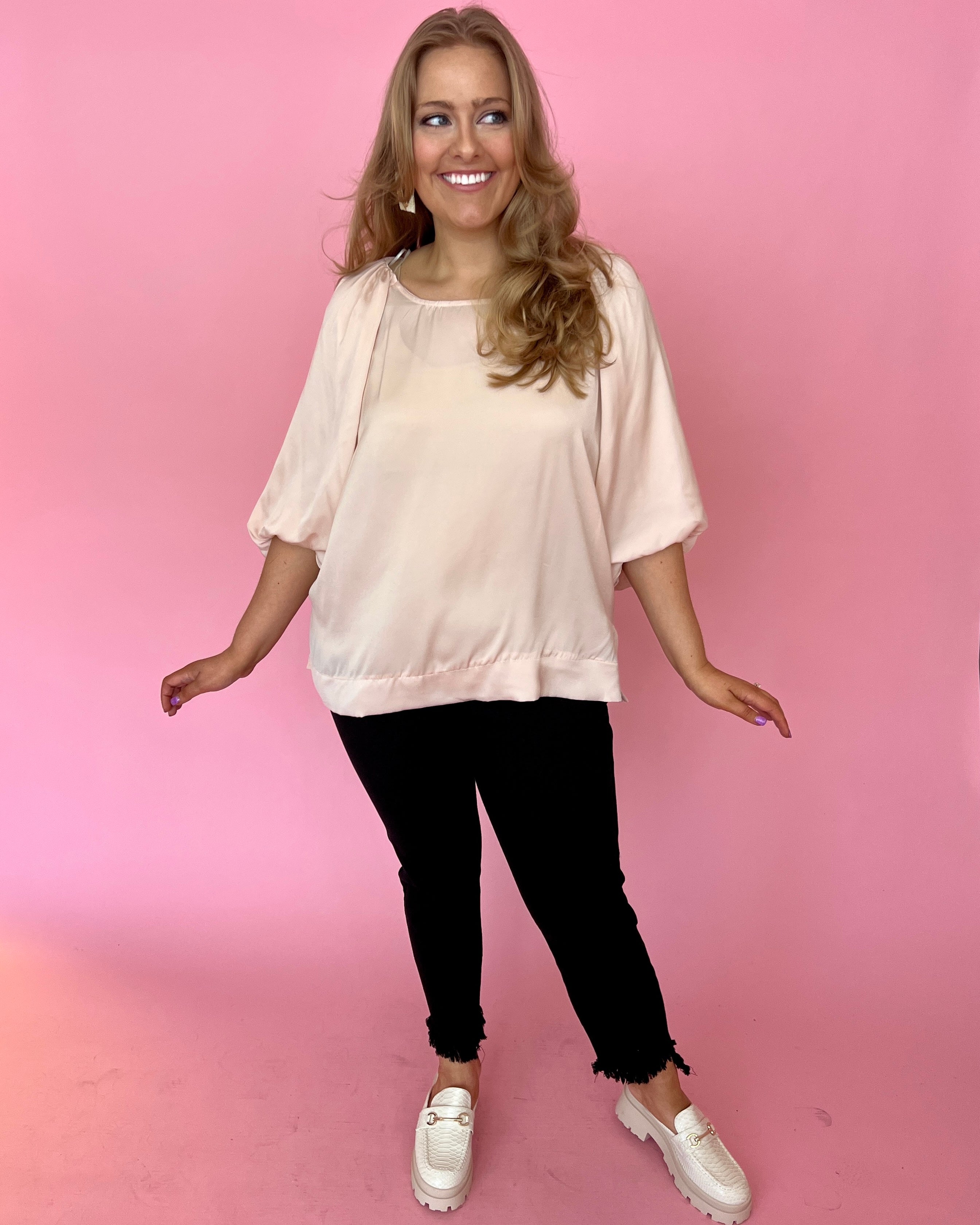 No Exceptions Champagne Plus Satin Balloon Sleeve Top-Shop-Womens-Boutique-Clothing