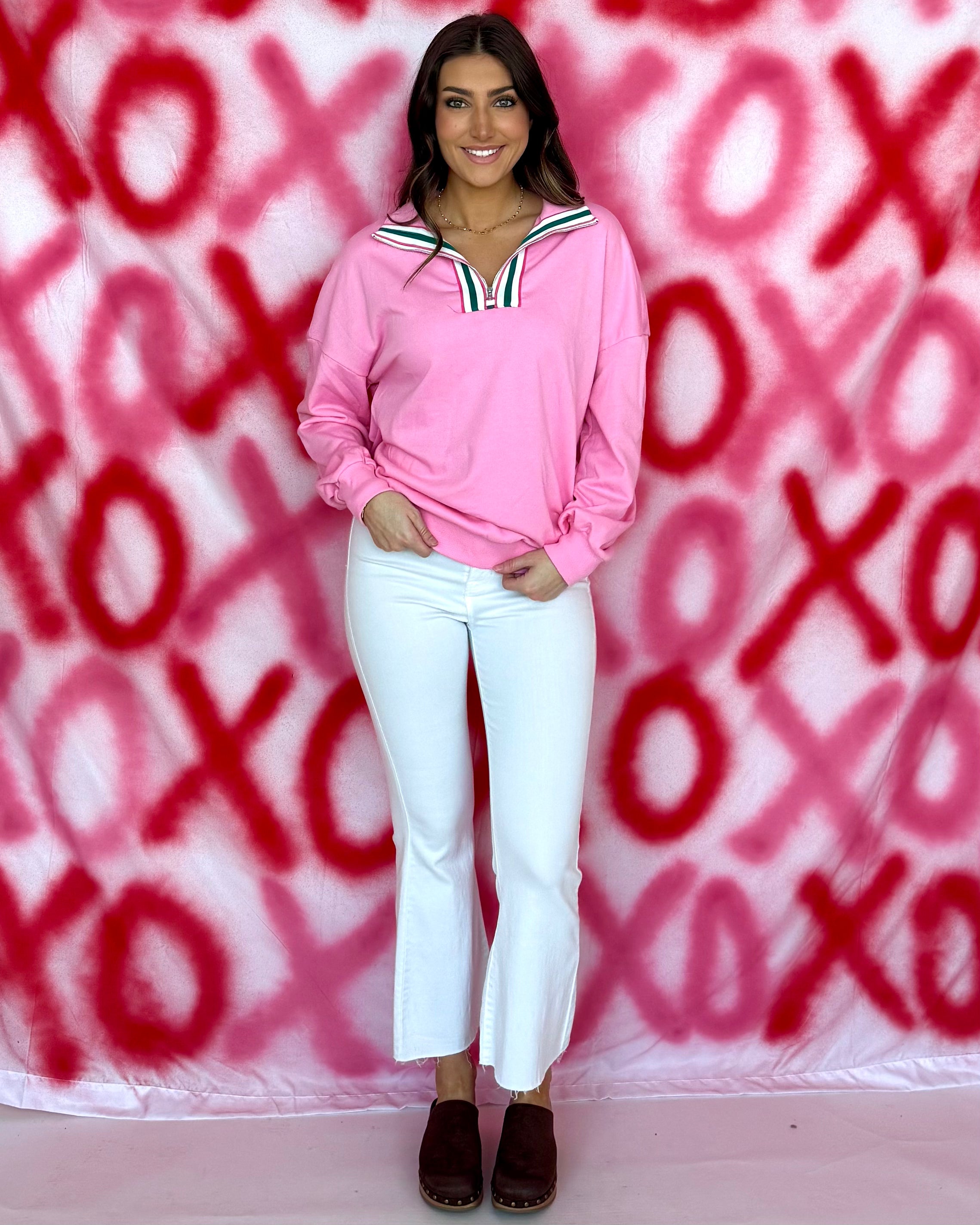 Best Essence Pink Contrast Stripe Collared Pullover-Shop-Womens-Boutique-Clothing