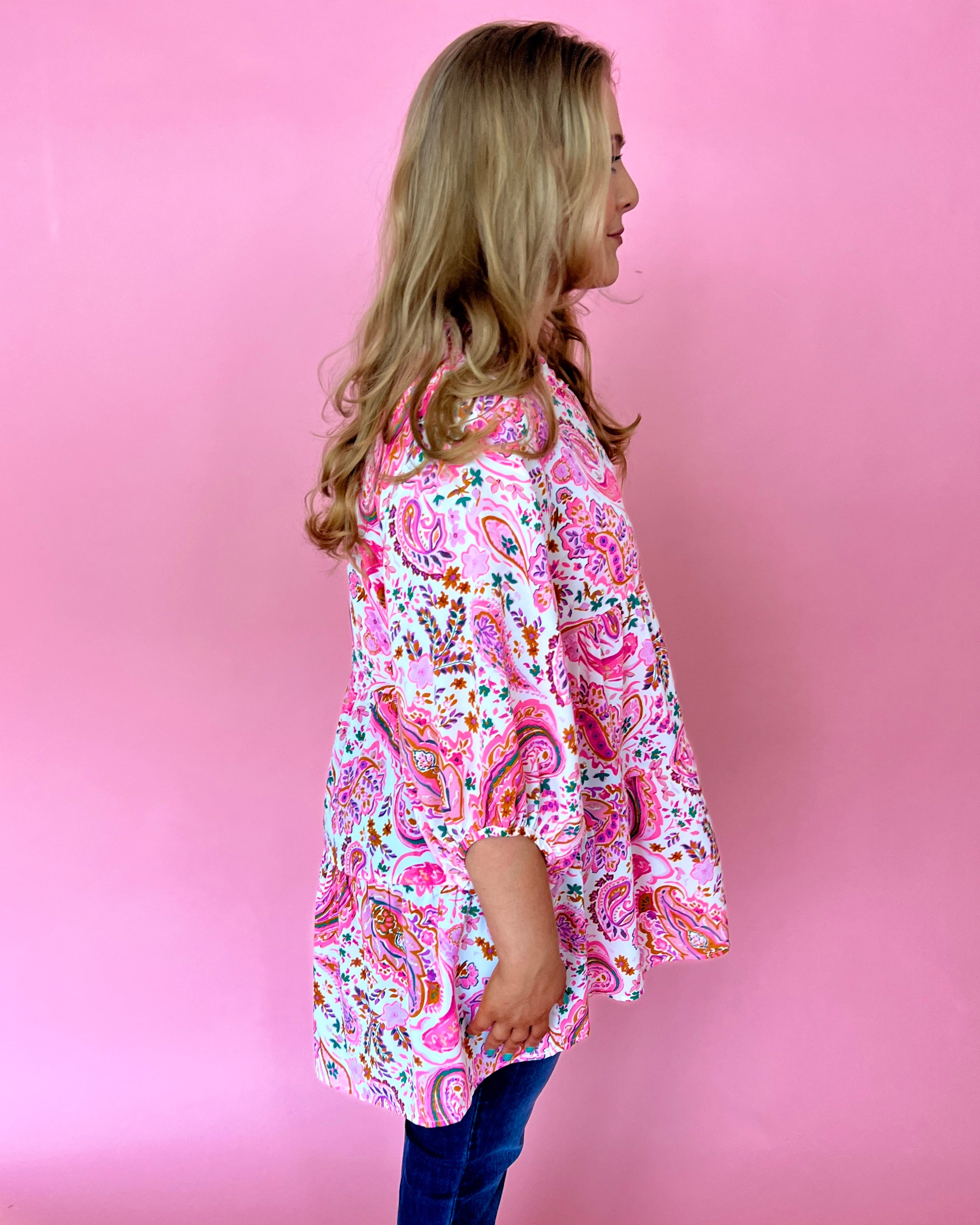 Go Getter Pink Plus Paisley Split Neck Tiered Top-Shop-Womens-Boutique-Clothing