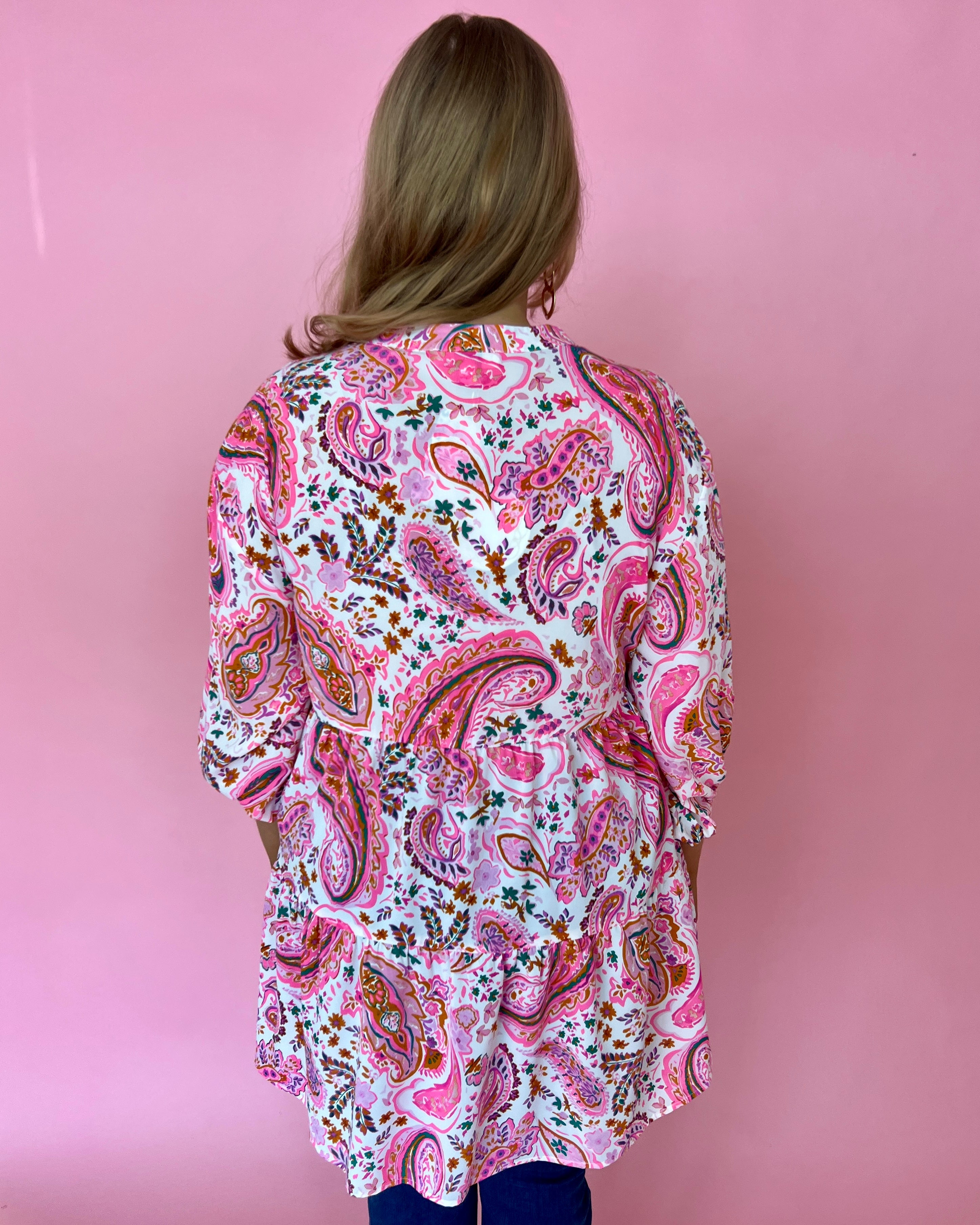 Go Getter Pink Plus Paisley Split Neck Tiered Top-Shop-Womens-Boutique-Clothing