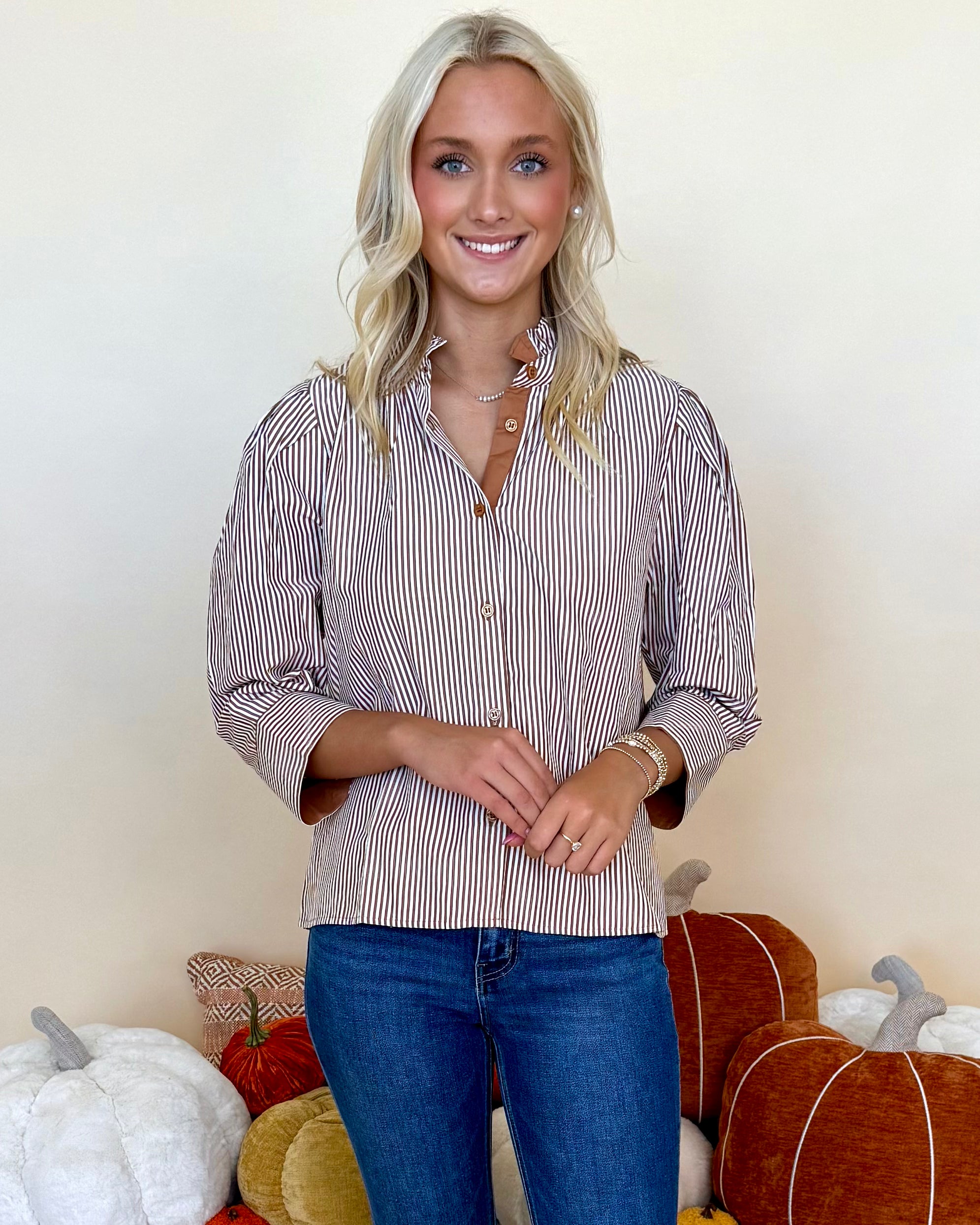 Counting Blessings Mocha Stripe Button Top-Shop-Womens-Boutique-Clothing