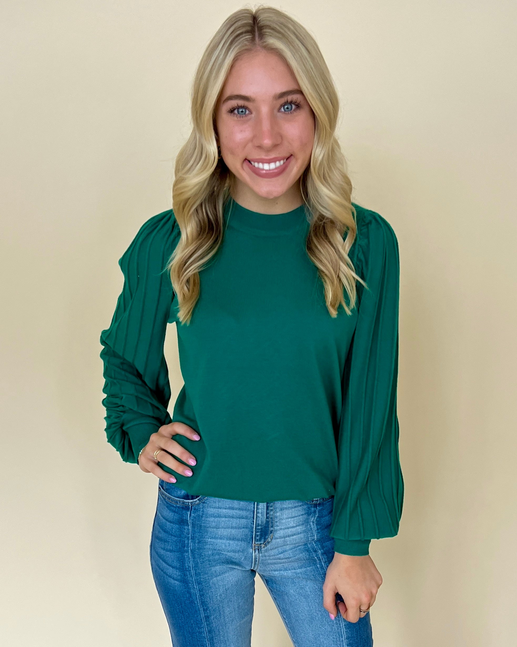 Brunch Date Alpine Green Pleated Sleeve Sweater-Shop-Womens-Boutique-Clothing