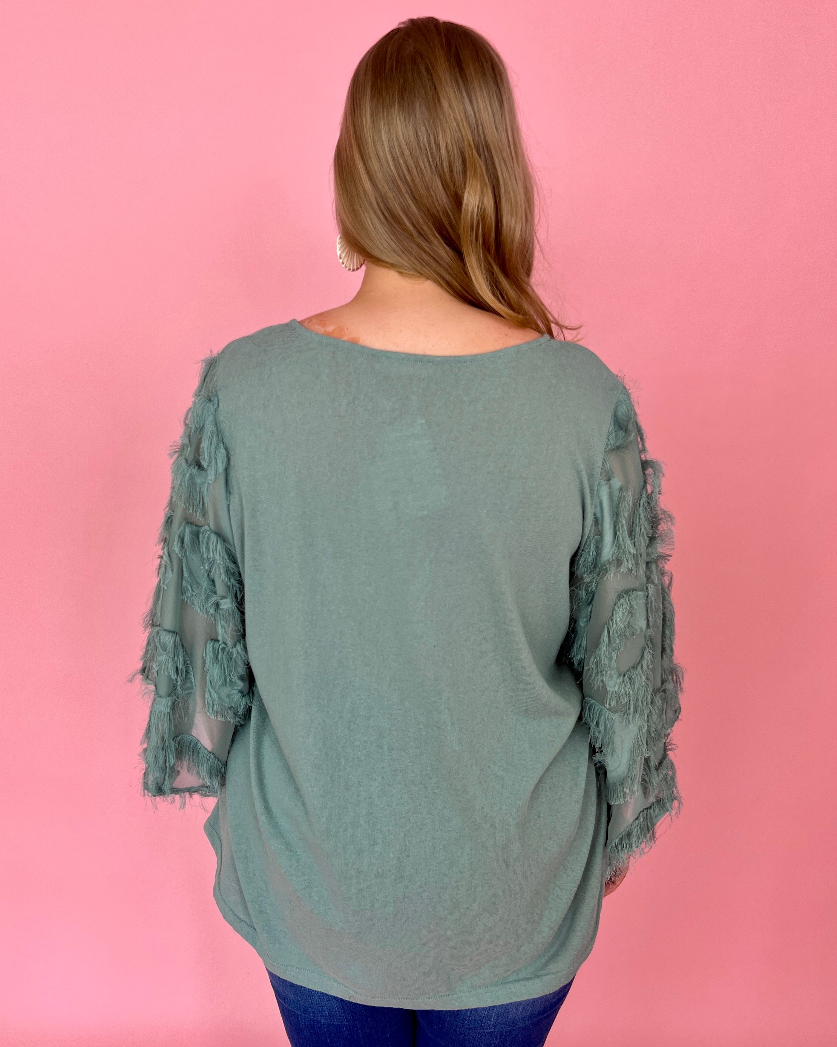 Best Night Ever Pale Jade Plus Feather Sleeve Top-Shop-Womens-Boutique-Clothing