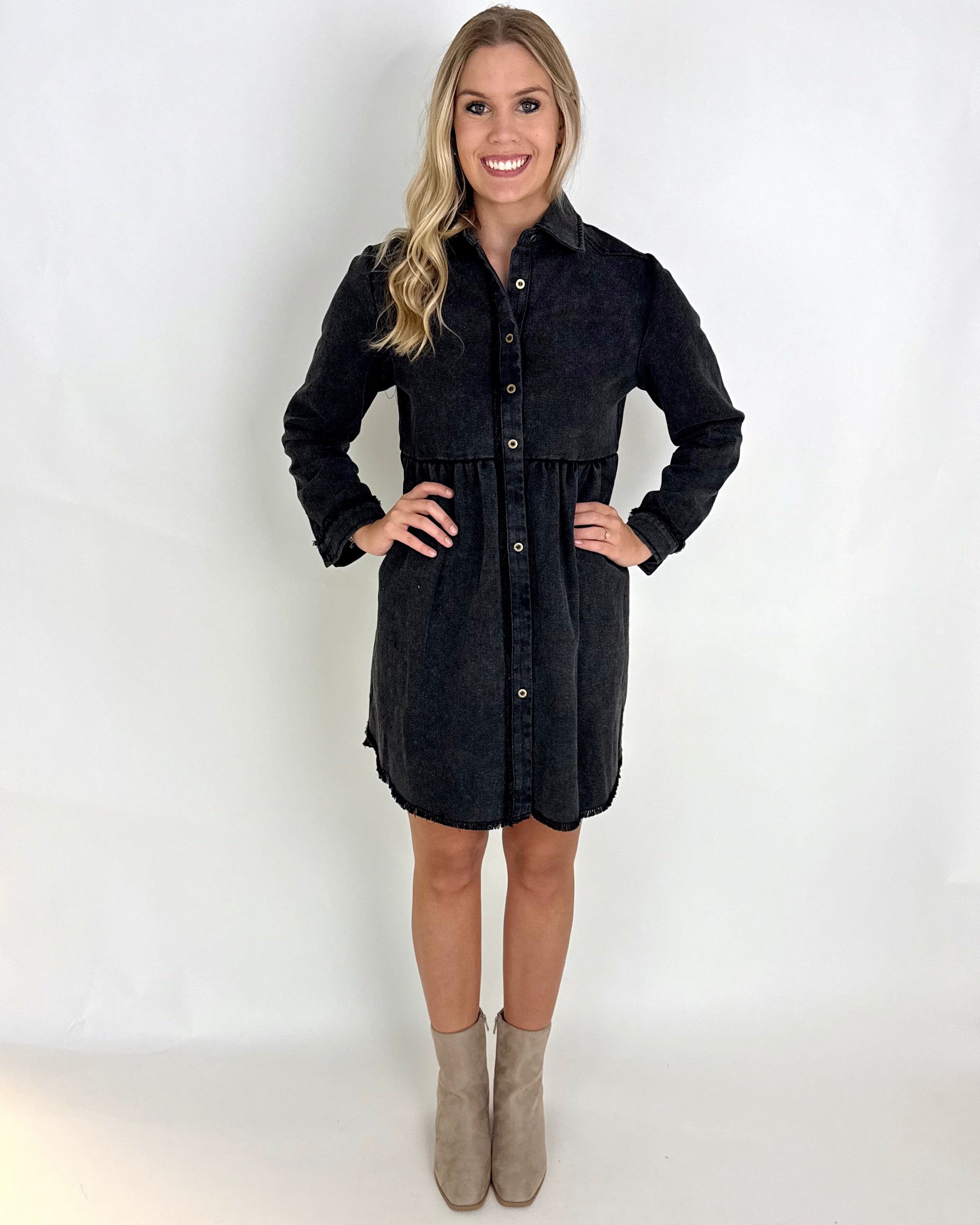 Put It On Black Washed Denim Dress-Shop-Womens-Boutique-Clothing