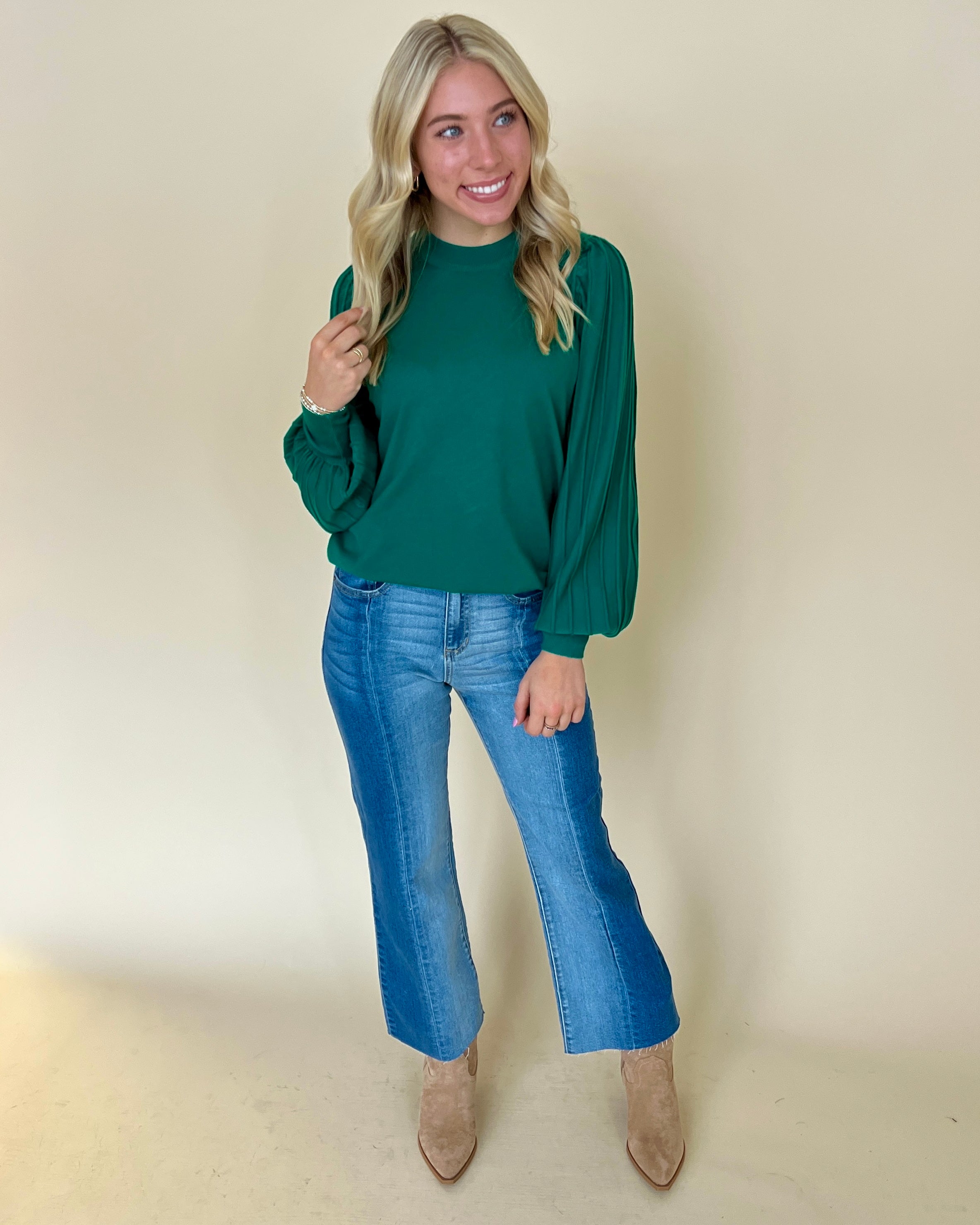 Brunch Date Alpine Green Pleated Sleeve Sweater-Shop-Womens-Boutique-Clothing