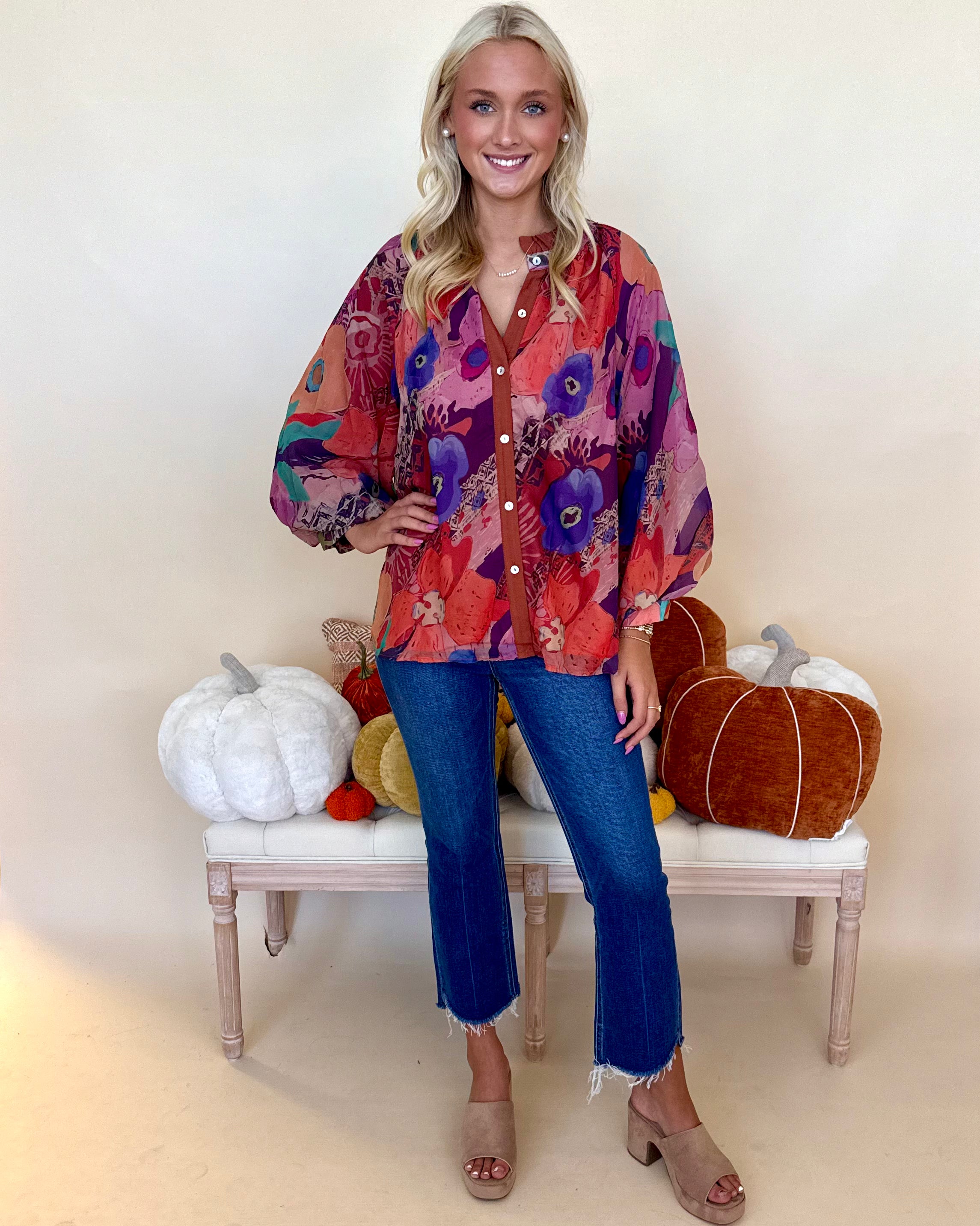 Only Go Forward Brick Floral Chiffon Top-Shop-Womens-Boutique-Clothing