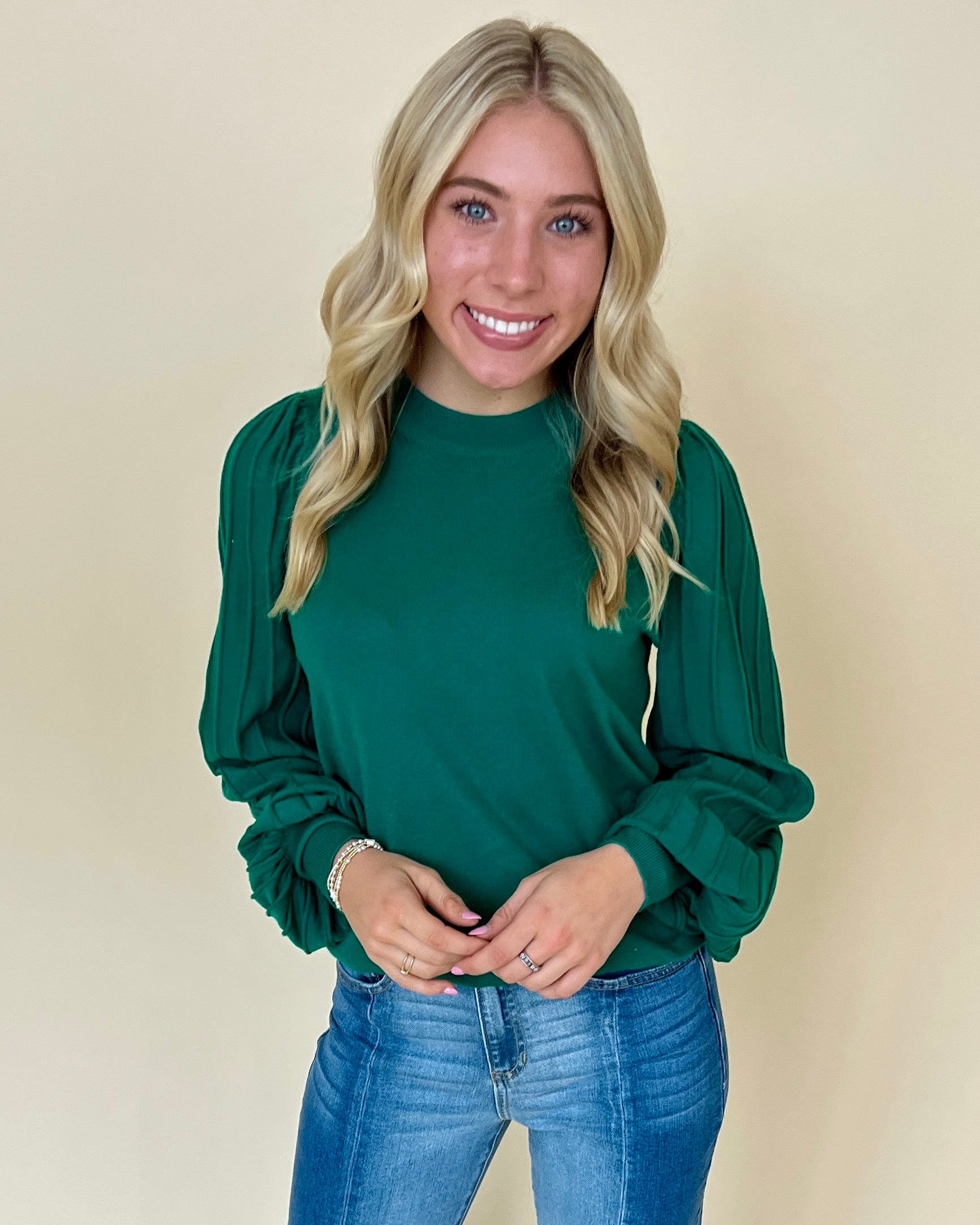 Brunch Date Alpine Green Pleated Sleeve Sweater-Shop-Womens-Boutique-Clothing