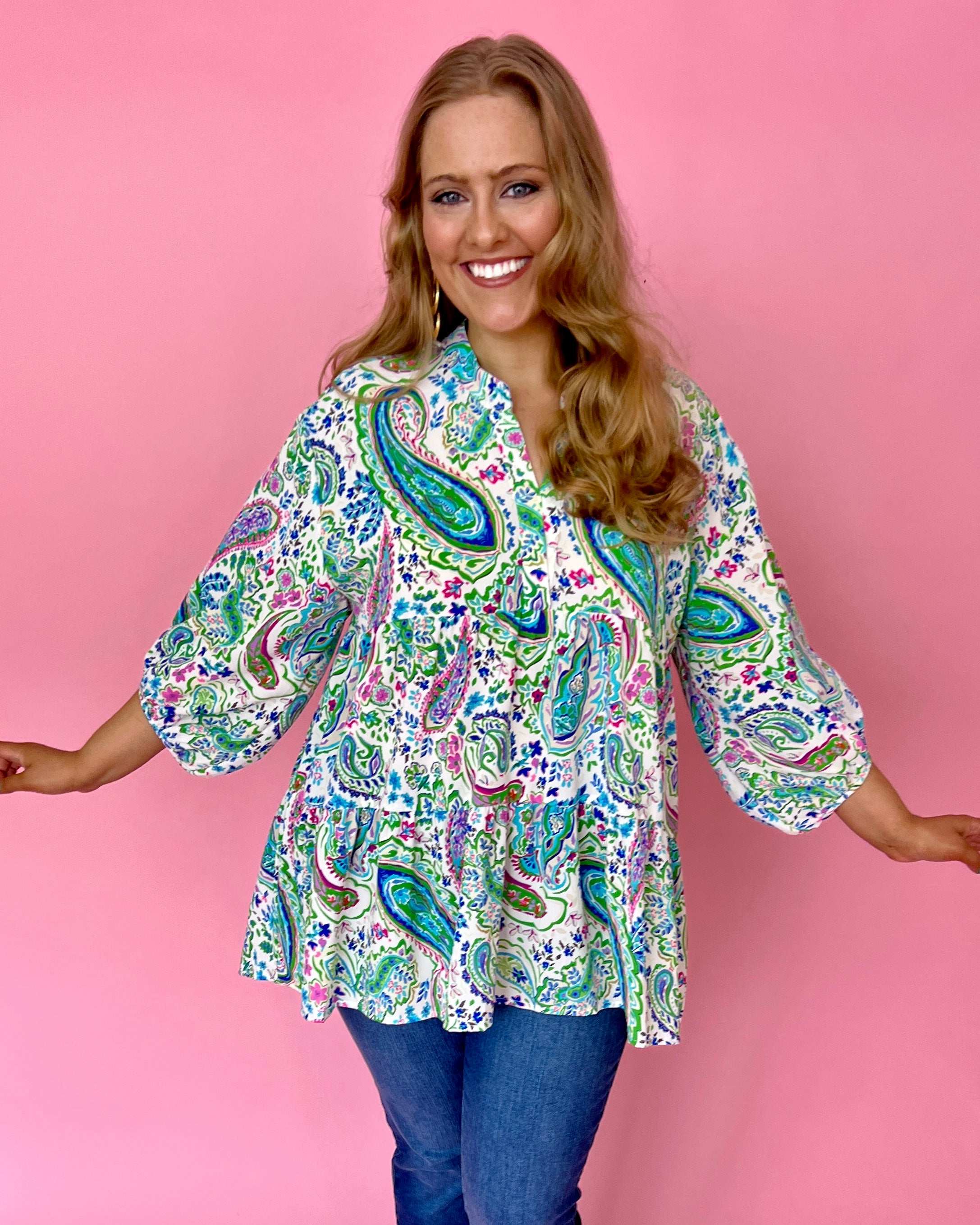 Free Your Mind Green Plus Printed Split Neck Top-Shop-Womens-Boutique-Clothing