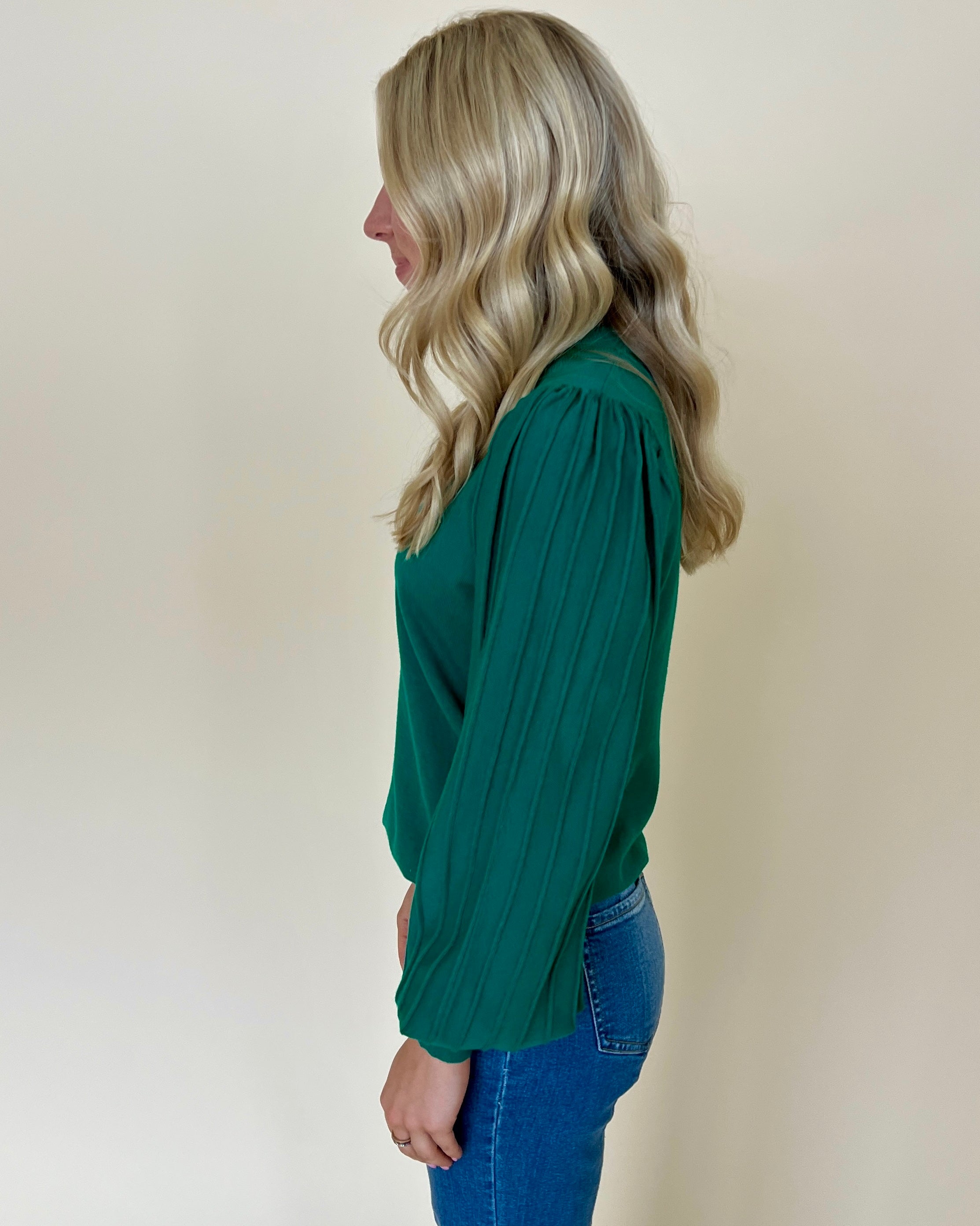 Brunch Date Alpine Green Pleated Sleeve Sweater-Shop-Womens-Boutique-Clothing