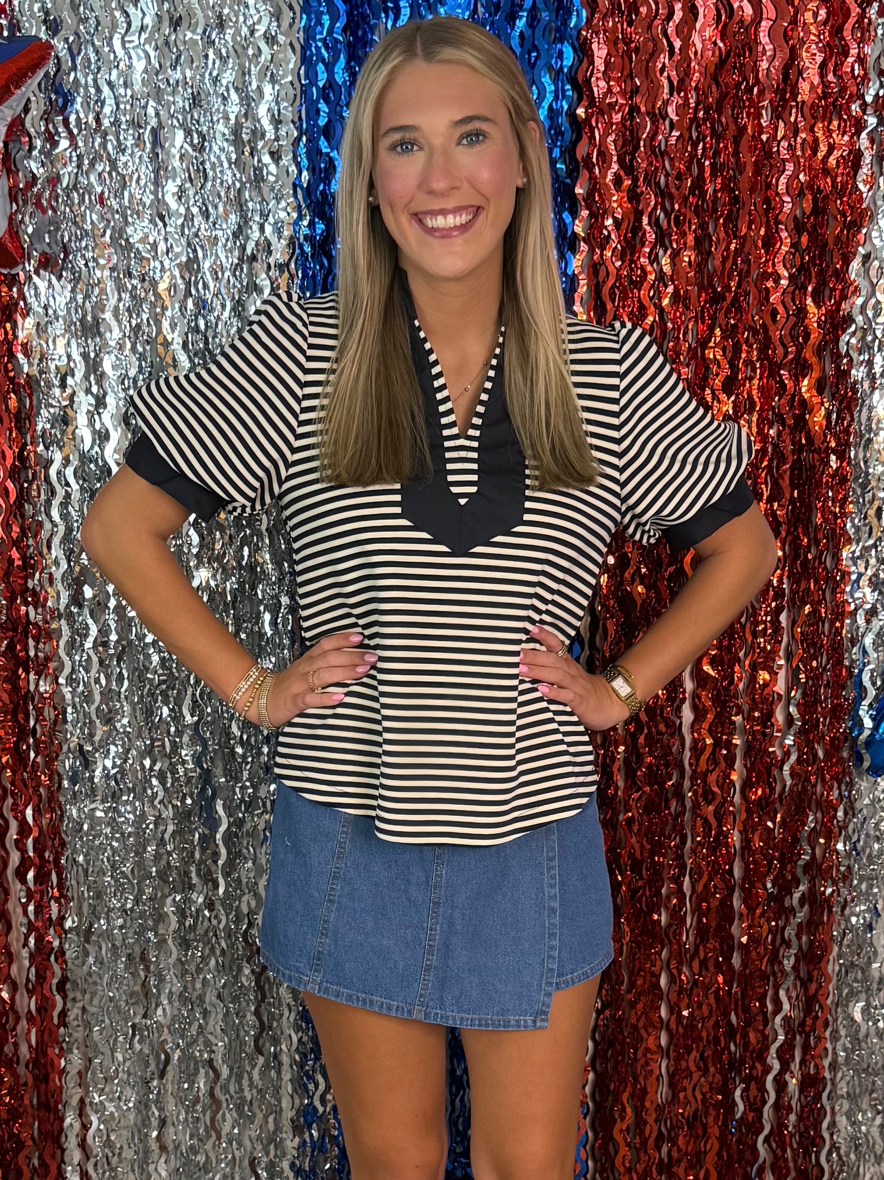 Always In Style Navy Stripe V Yoke Top-Shop-Womens-Boutique-Clothing