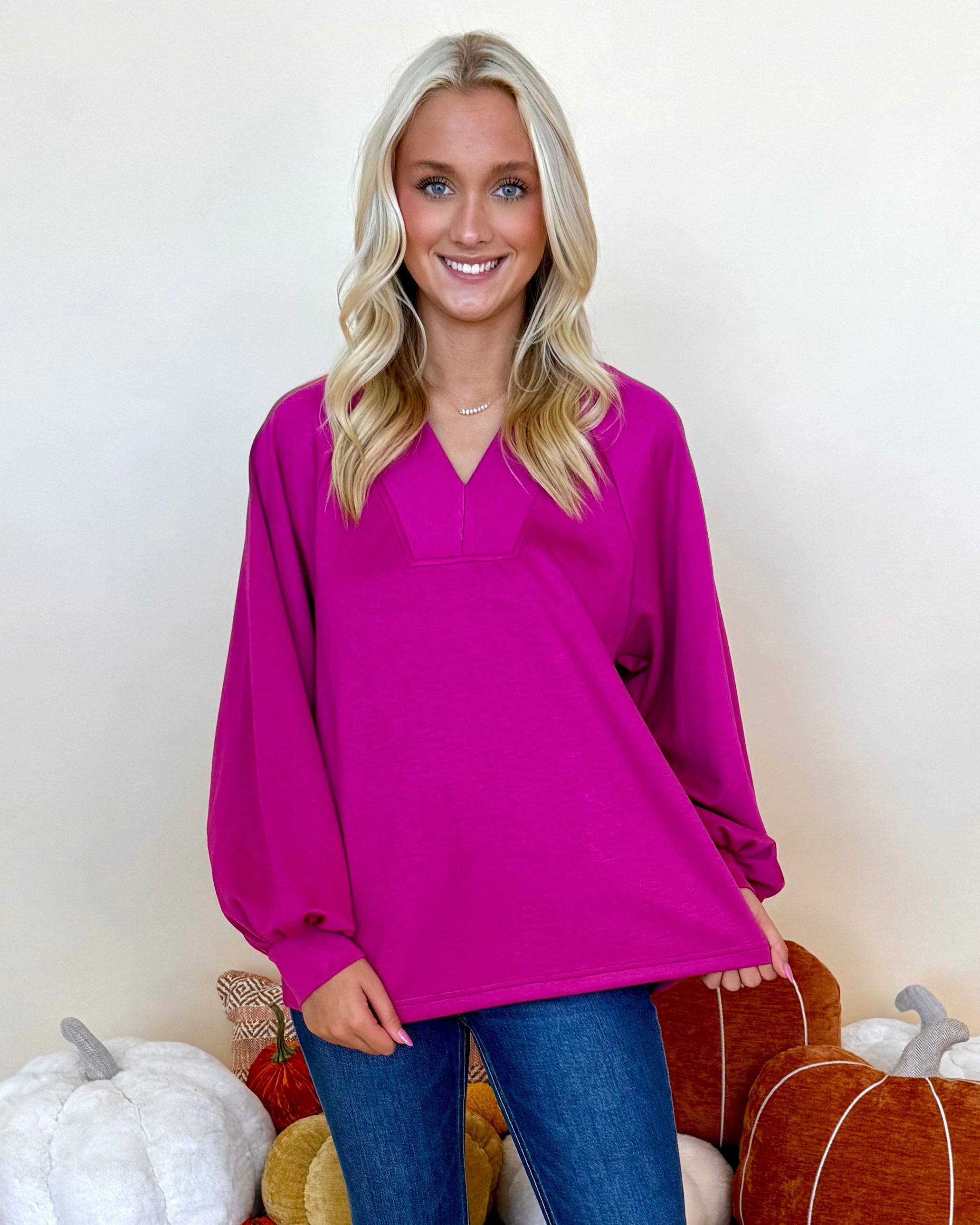 Thinking Of You Magenta Raglan V-Neck Top-Shop-Womens-Boutique-Clothing