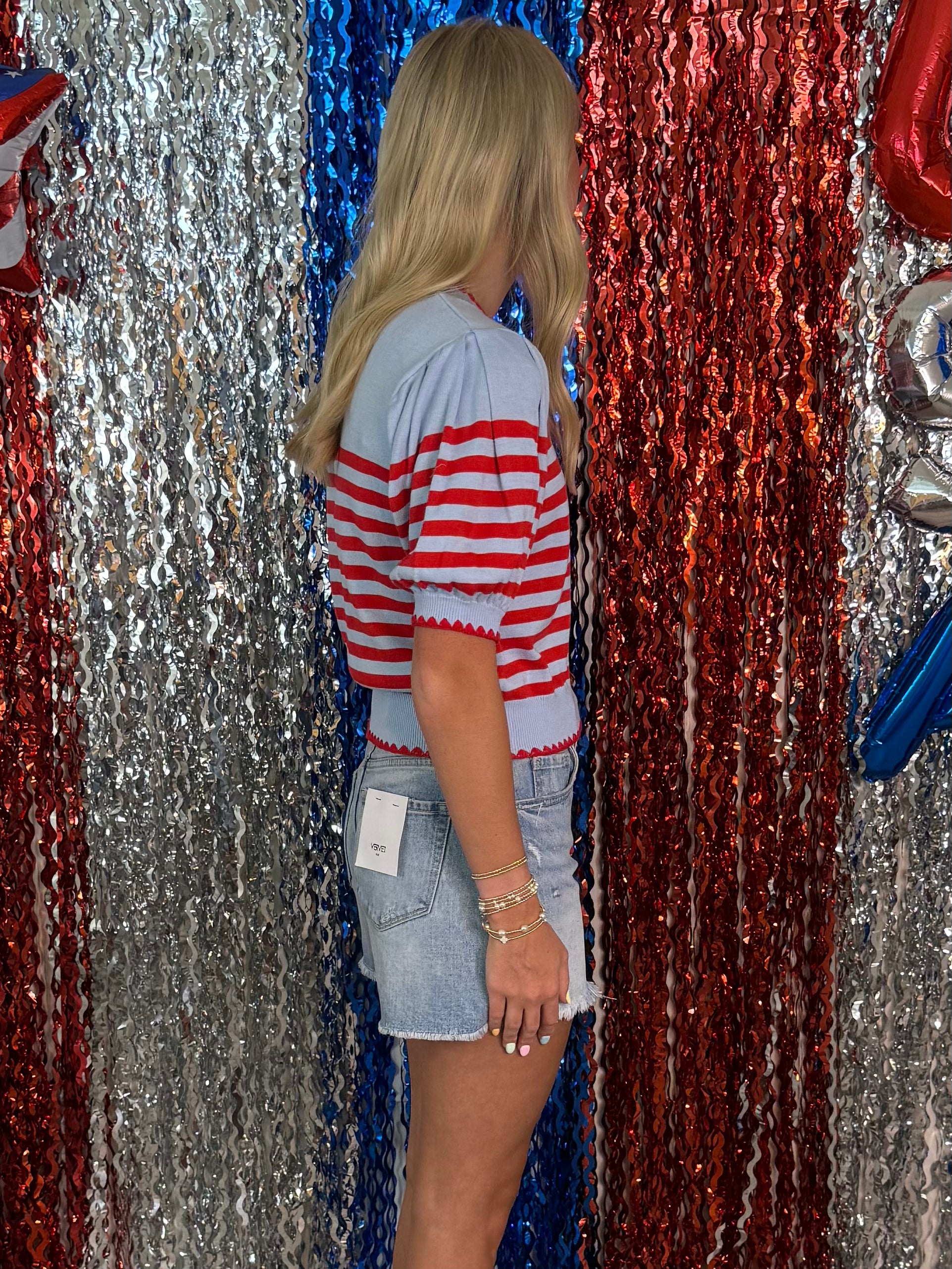 Daily Style Light Blue/Red Stripe Puff Sleeve Top-Shop-Womens-Boutique-Clothing