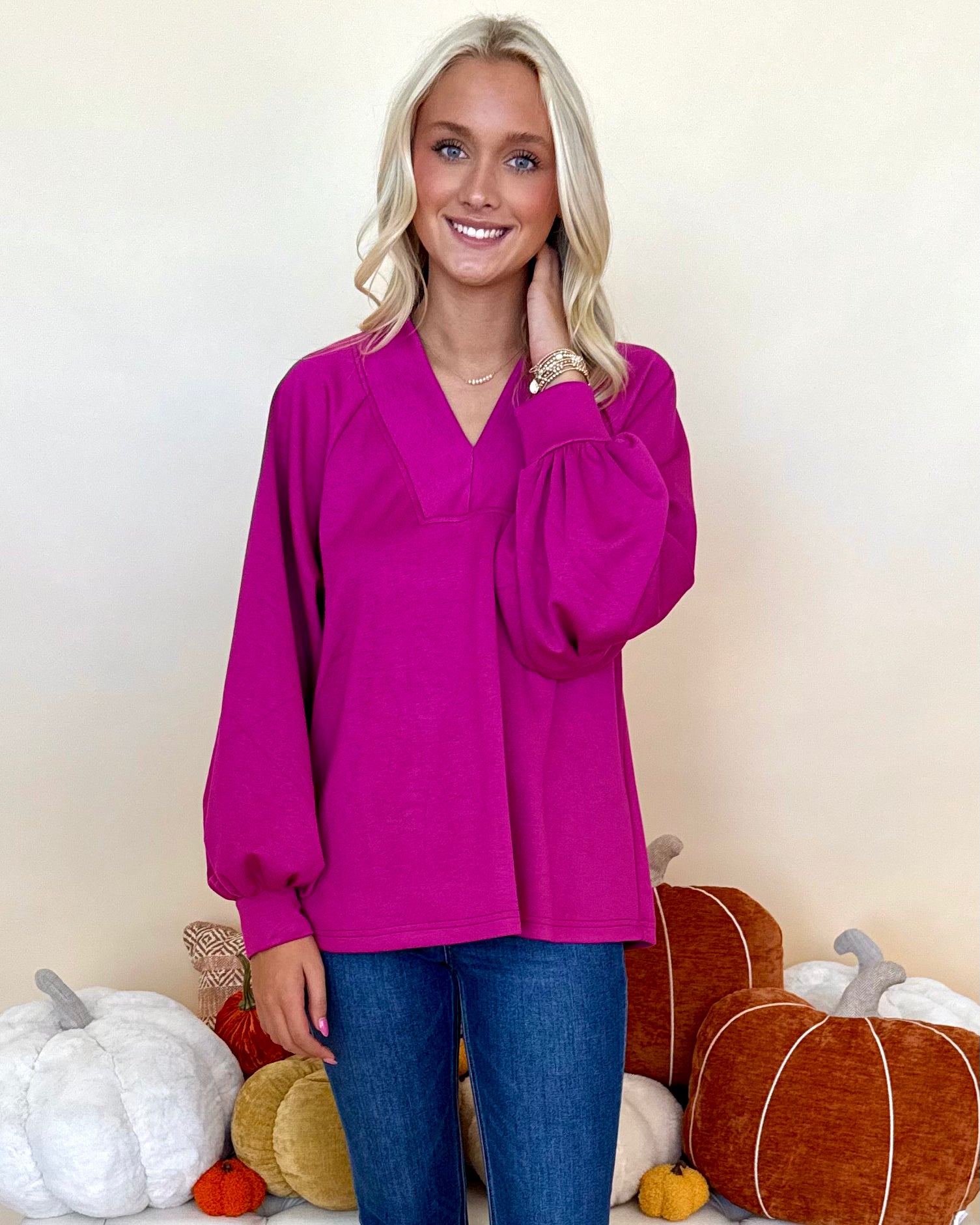 Thinking Of You Magenta Raglan V-Neck Top-Shop-Womens-Boutique-Clothing