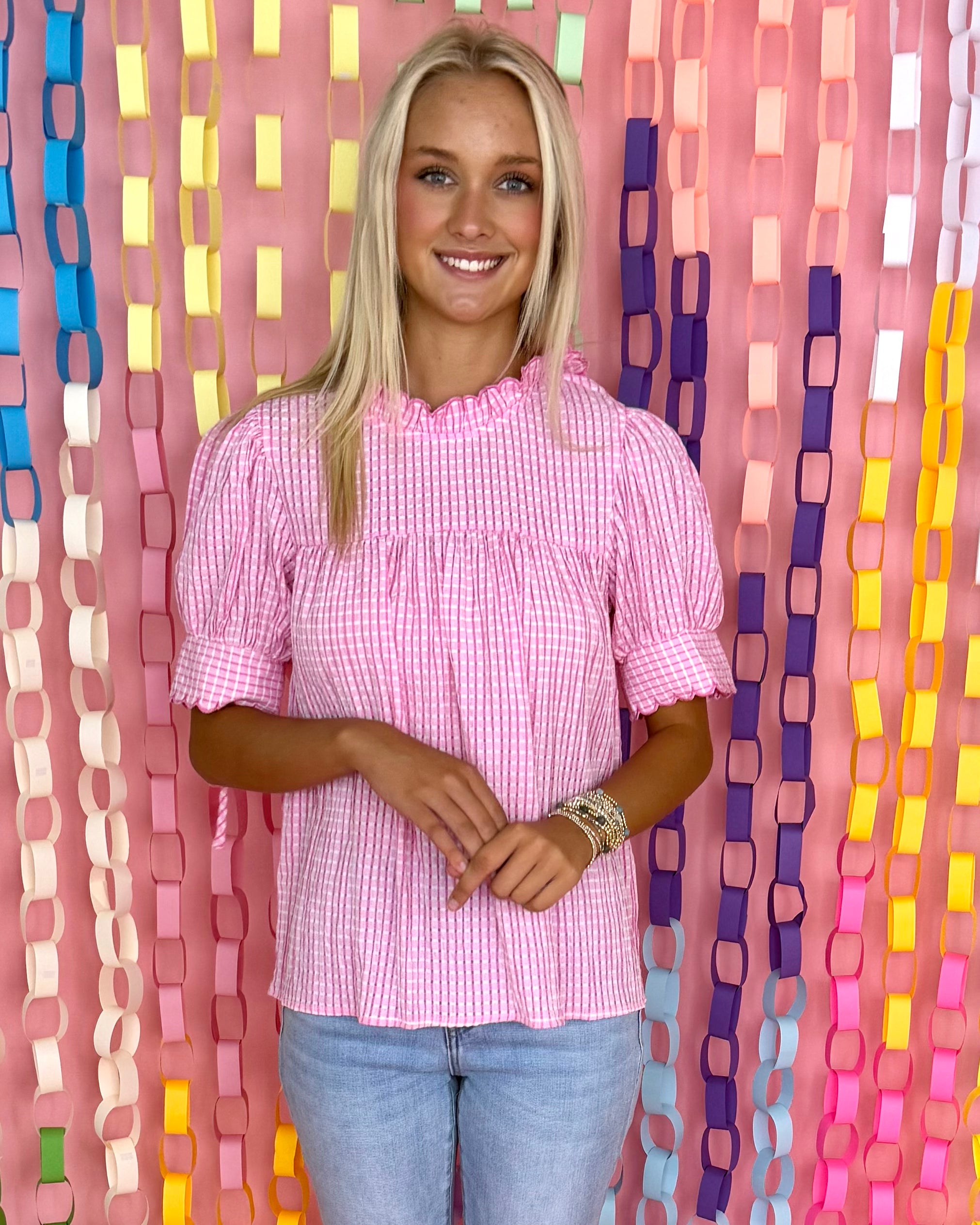 Sweet Personality Bubble Pink Seersucker Top-Shop-Womens-Boutique-Clothing