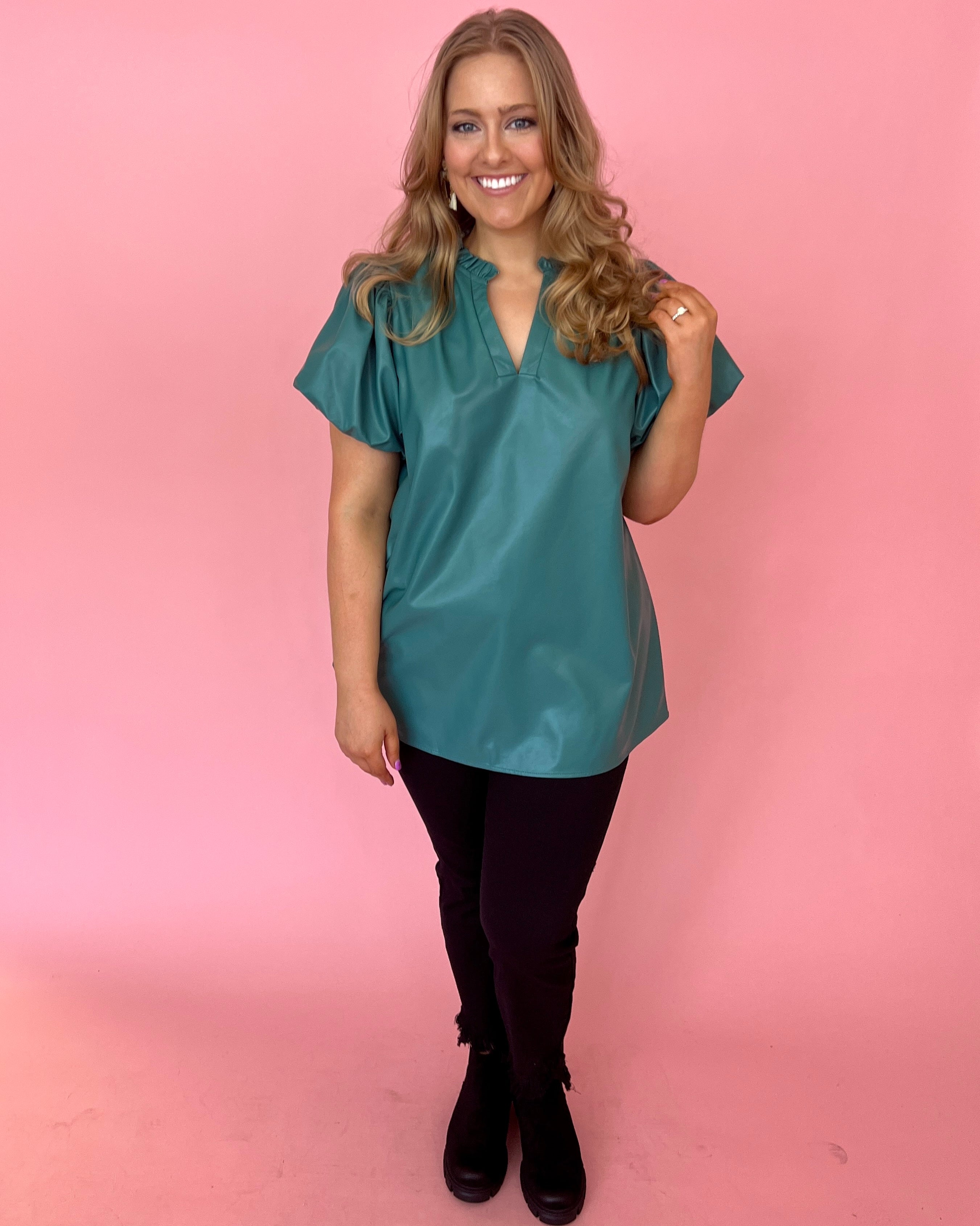 Could Be The One Teal Green Plus Split Neck Top-Shop-Womens-Boutique-Clothing